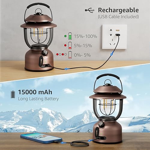 Miniatura 5 de Lepro Linterna LED retro clásica para campamento, altos lúmenes, luz blanca diurna de 2500 K y 5000 K, regulable, recargable por USB, impermeable