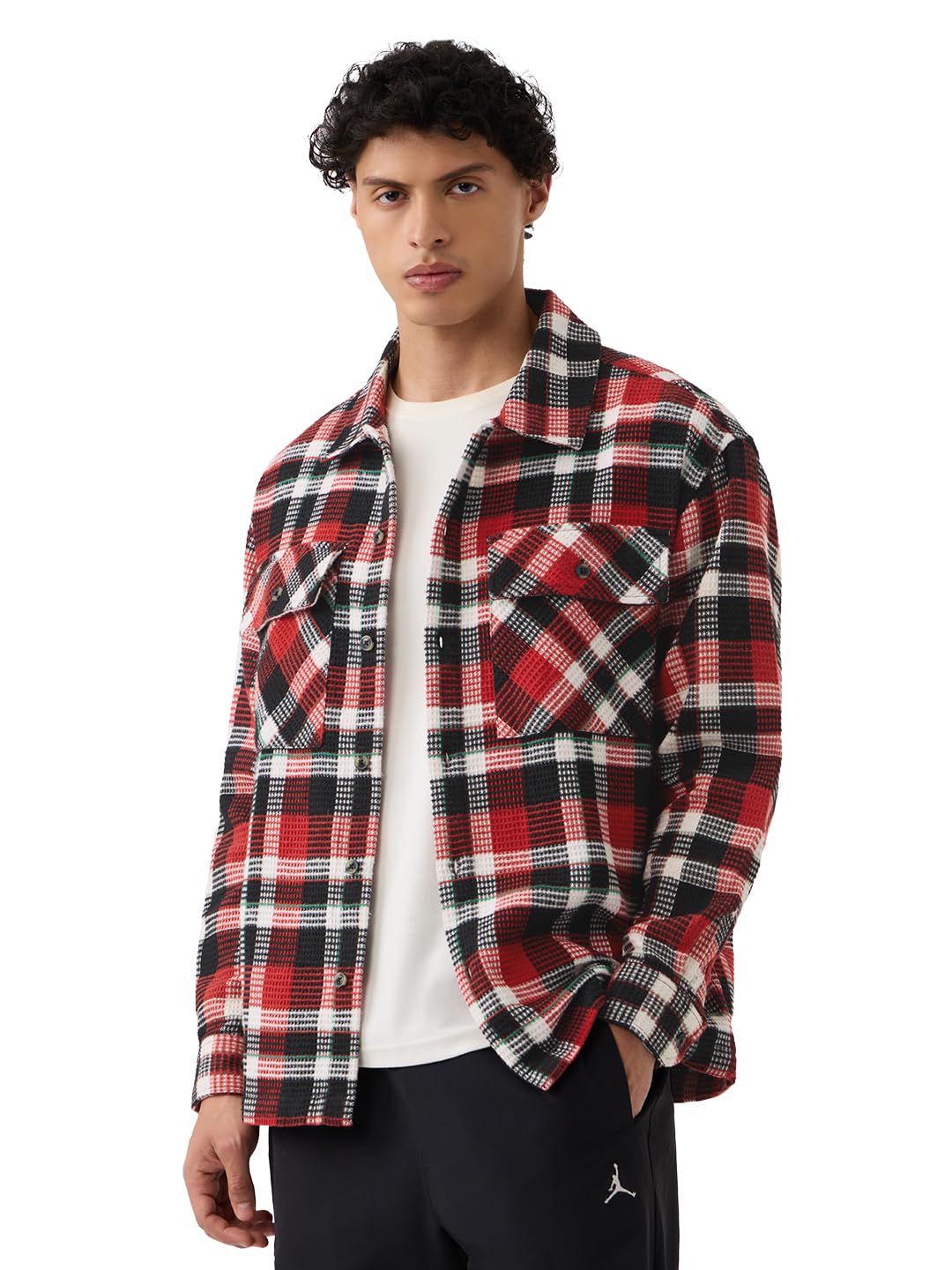 the souled store Plaid Shacket: Volcano Men and Boys Long Sleeves Collared Neck Button Front Red Cotton Blend Oversized Shackets-picture-18