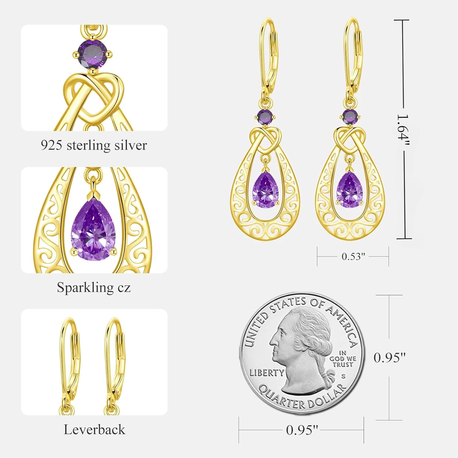 Teardrop Birthstone Dangle Drop Earrings Sterling Silver Infinity Filigree Leverback Earrings, Infinity Love Birthday Anniversary Jewelry Gifts for Her Women Mom Wife