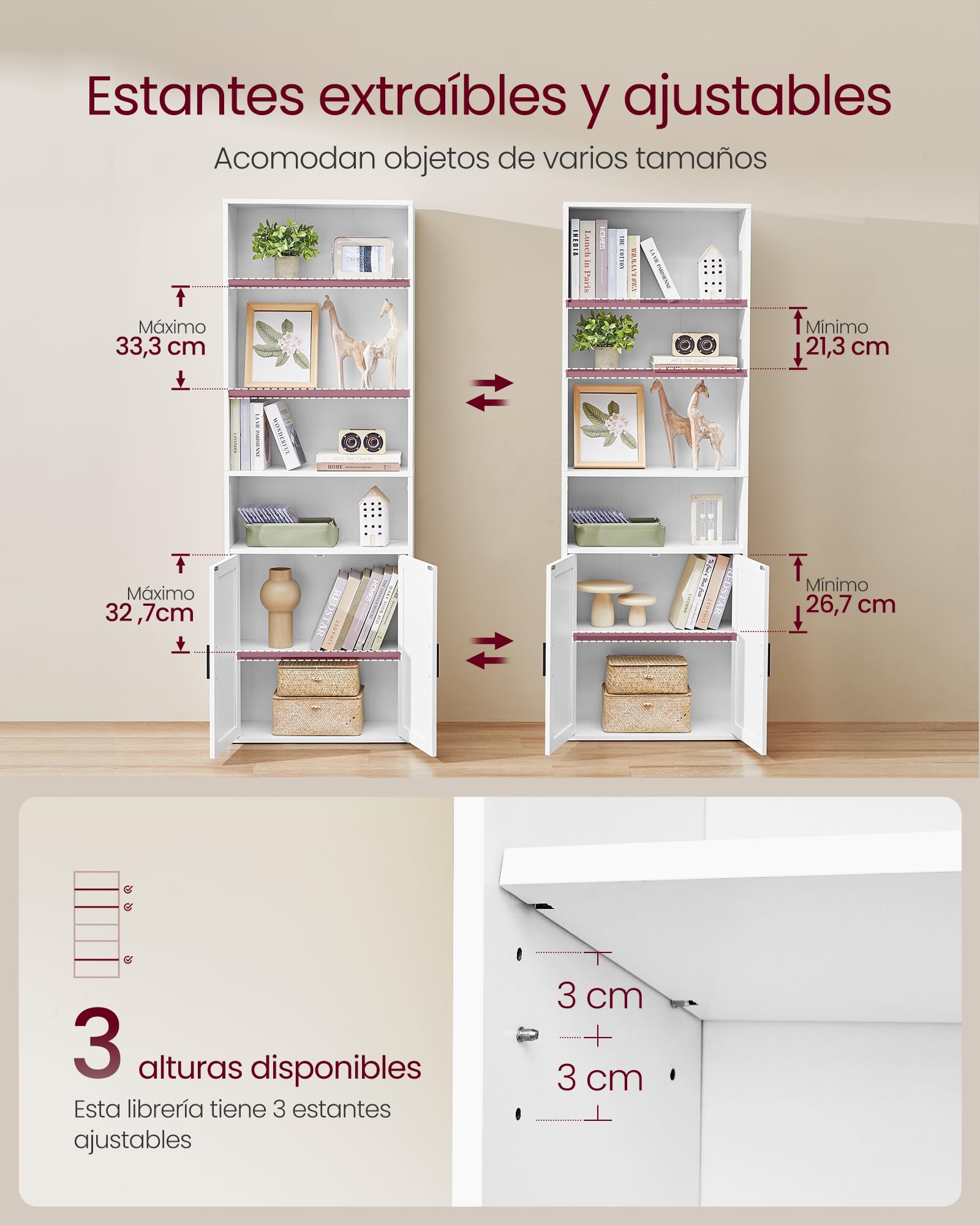 VASAGLE Librería, Estantería Vertical de 6 Niveles, con Puertas, 24 x 60 x 175 cm, para Salón, Estudio, Oficina, Comedor, Blanco Nube LBC402W01