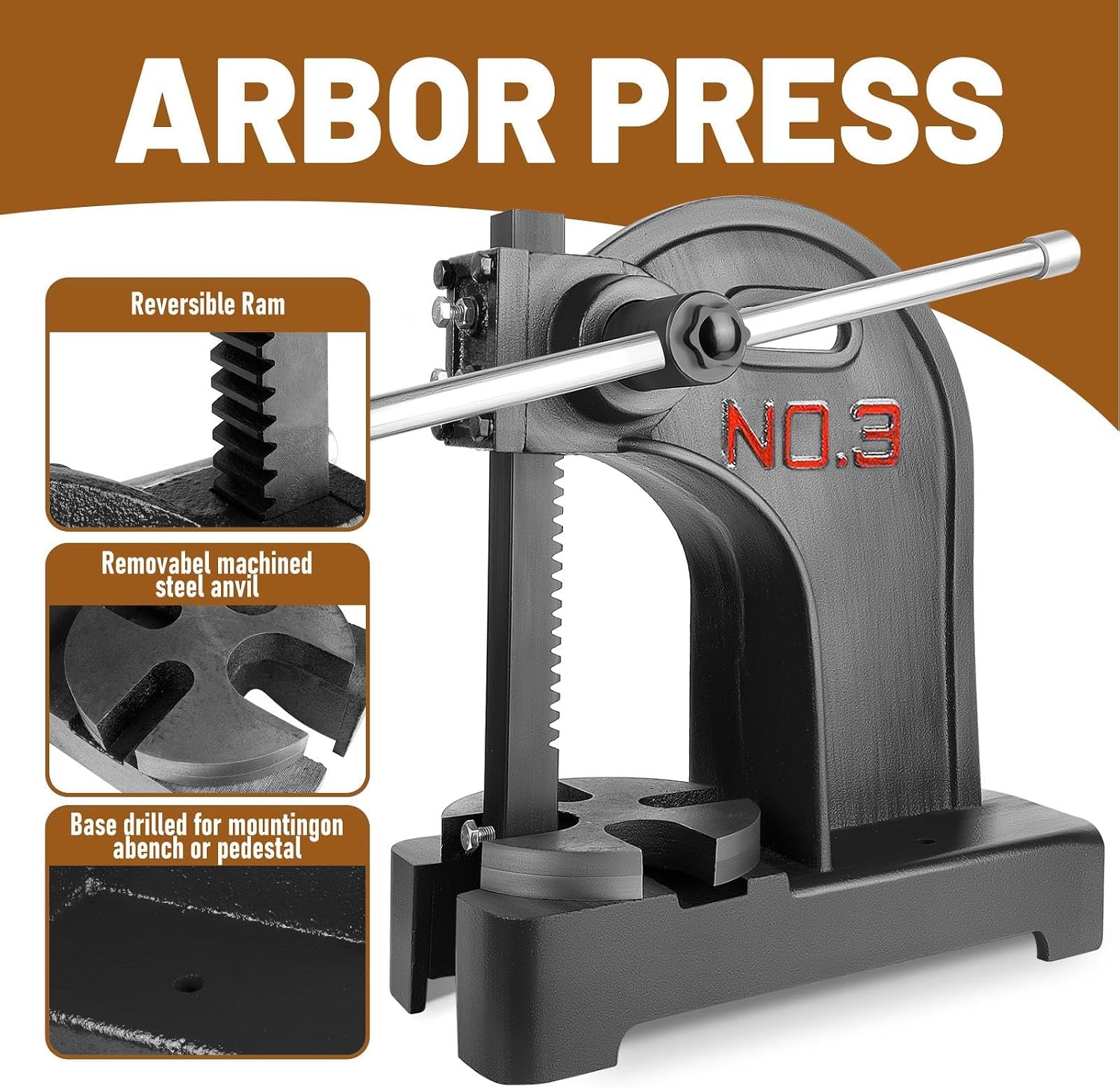 3 Ton Arbor Press, Heavy-Duty Cast Iron Arbor Press, Manual Arbor Press Equipped with A Reversible Punch Press, Arbor Press with A Removable Steel Anvil Seat, Suitable for Deformation, Cutting