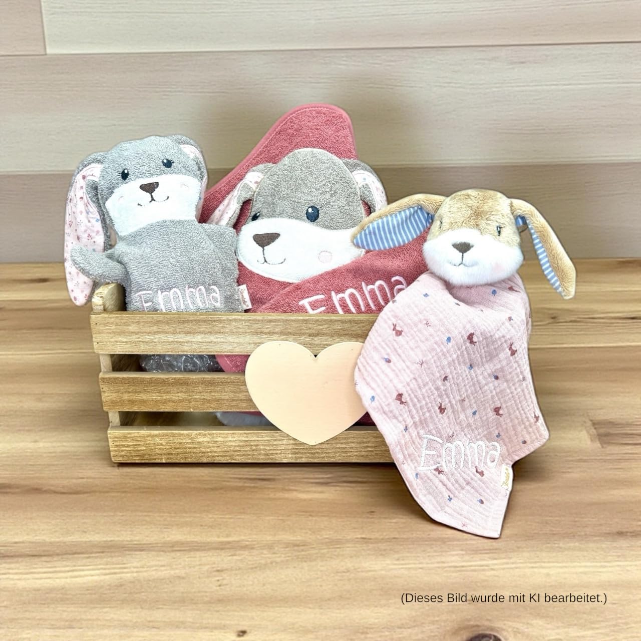 Generisch Geschenkset Hase Hanni, Kapuzenhandtuch 100x100cm, Spiel-Waschhandschuh und Schmusetuch - mit Name aufgestickt, rosa/Sand