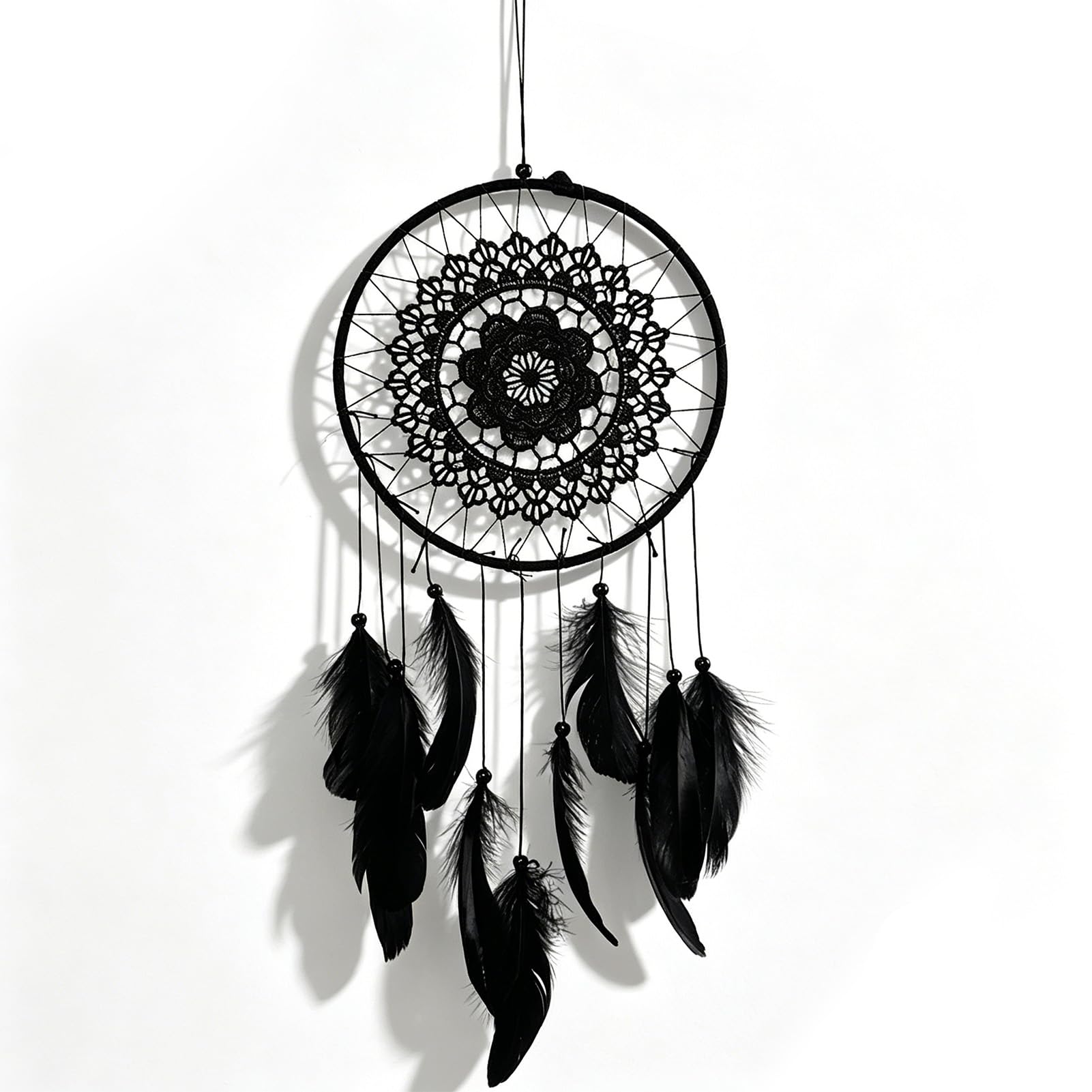 HERCHR Acchiappasogni nero, acchiappasogni con perline e piume, per decorazione della camera da letto, casa, auto, diametro 20,5 cm