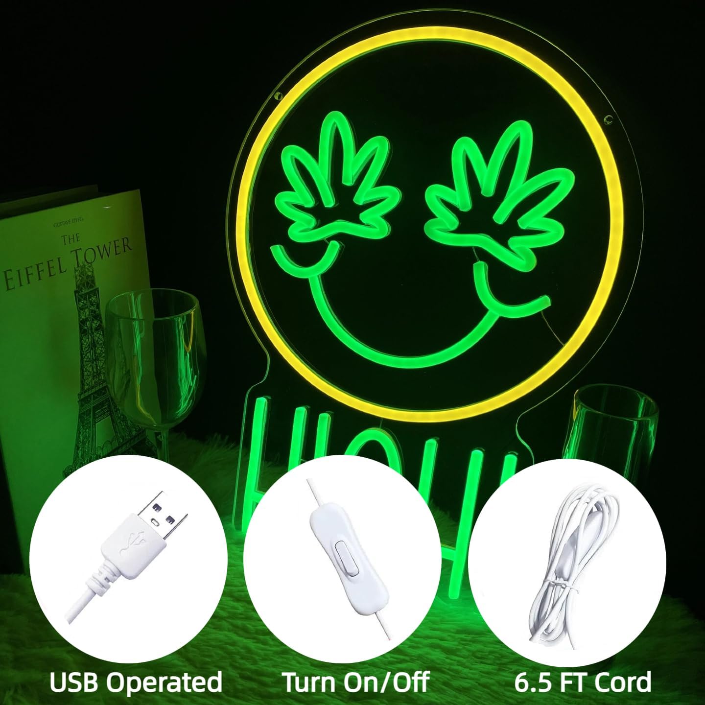 Green High Face Neon Sign for Wall Decor Green Leaf High Face Neon Light Dimmable Light Sign Wall Decor for Man Cave Bar Bedroom Shop Hotel Garage Decor Gifts for Men - Image 5