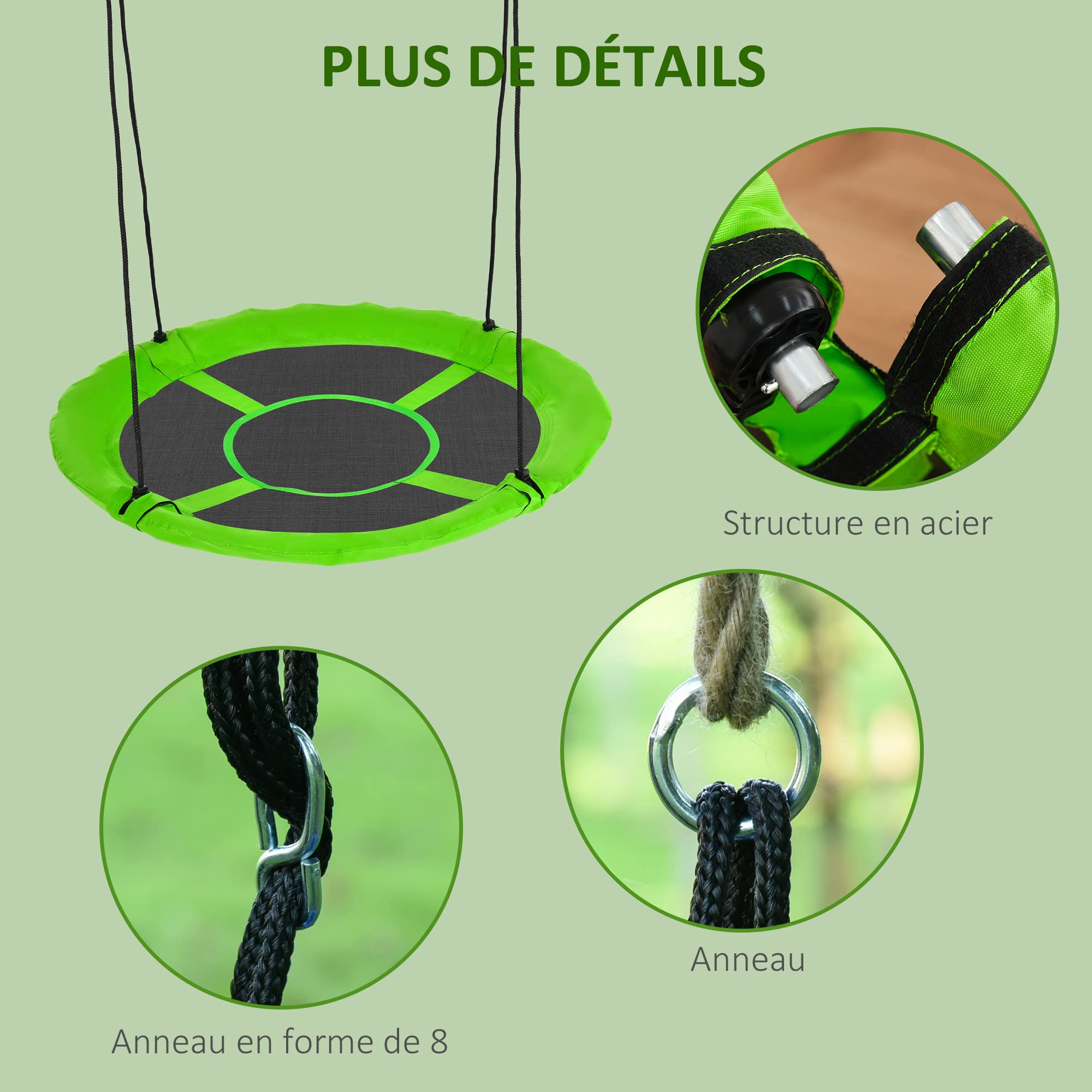 Outsunny Balançoire nid d'oiseau Ronde balançoire Panier Ø 110 cm 4 Anneaux Inclus métal époxy Oxford Haute densité Vert