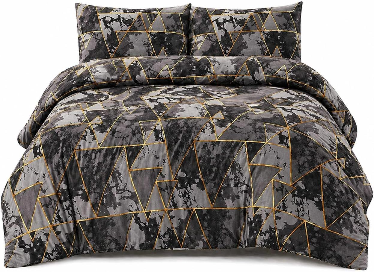 HOMES-LINEN Arlo Triangles Geometric Reversible Easy Care Printed Duvet Cover Bedding Set (Grey, Double)
