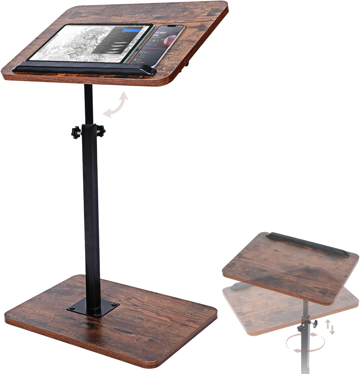 Amazpro Arm TV Tray Table - 360° Swivel Height Adjustable & 180° Flip with Phone & Tablet Slot, C Shaped Sofa Side Table for Bed Side, TV tv Trays Watching, Meals, Snacks, and Laptop Use (Rustic)