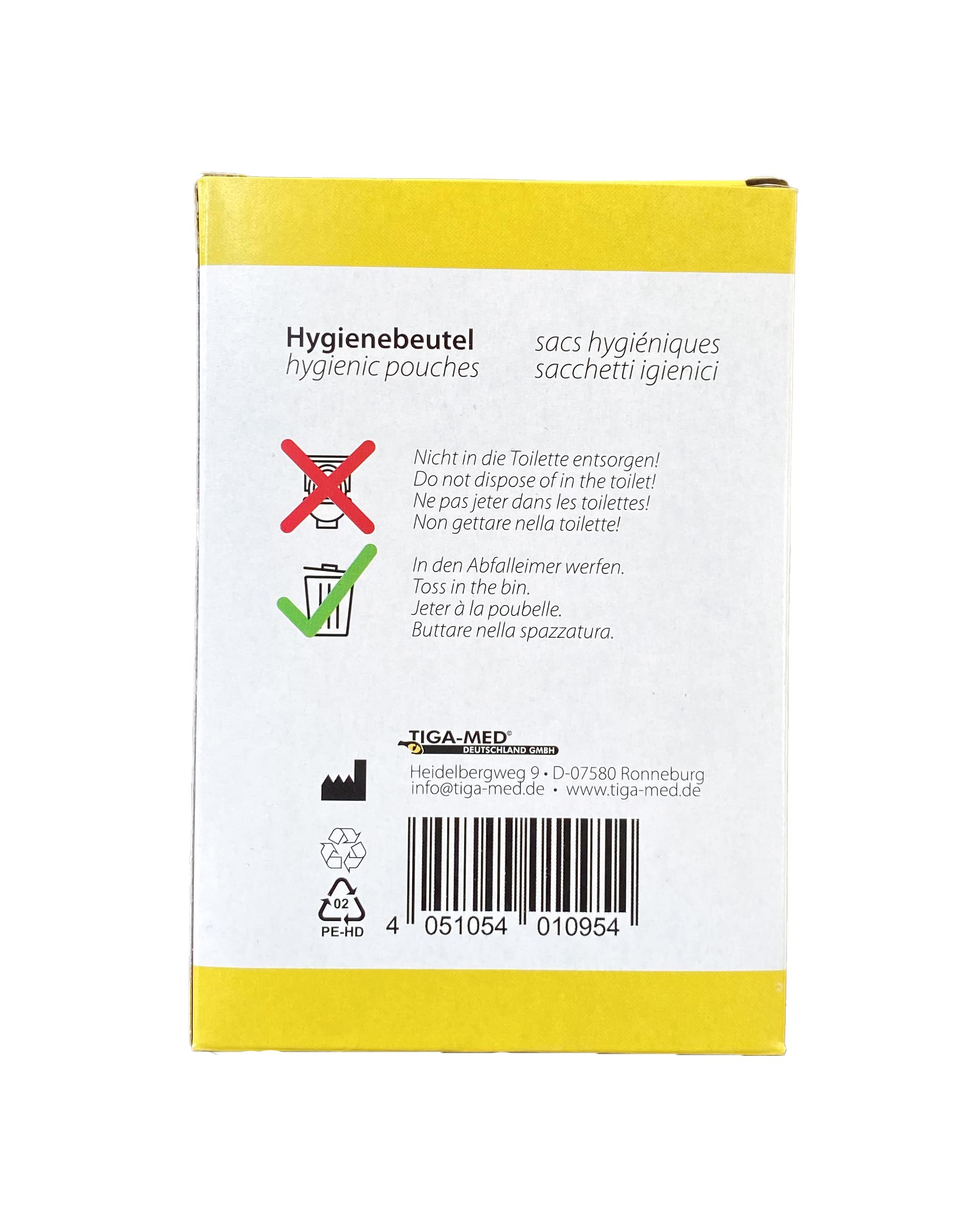TIGA-MED Bolsas higiénicas para compresas sanitarias y tampones, 300 unidades (10 x 30), polietileno duro de HDPE, 30 bolsas por caja, resistentes a olores y líquidos, eliminación segura y discreta en