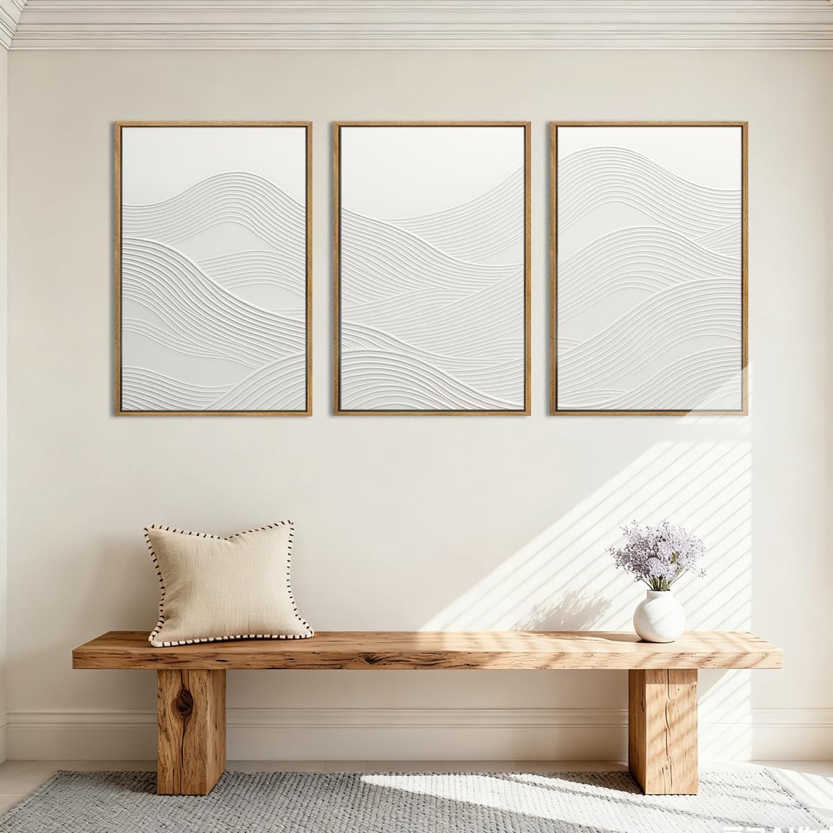 Anyzal Extra Large Framed White Textured Wall Art 24x36 Inch Neutral Abstract Modern Canvas Wall Decor Minimalist Waves Artwork for Living room Dining room Bedroom Set of 3