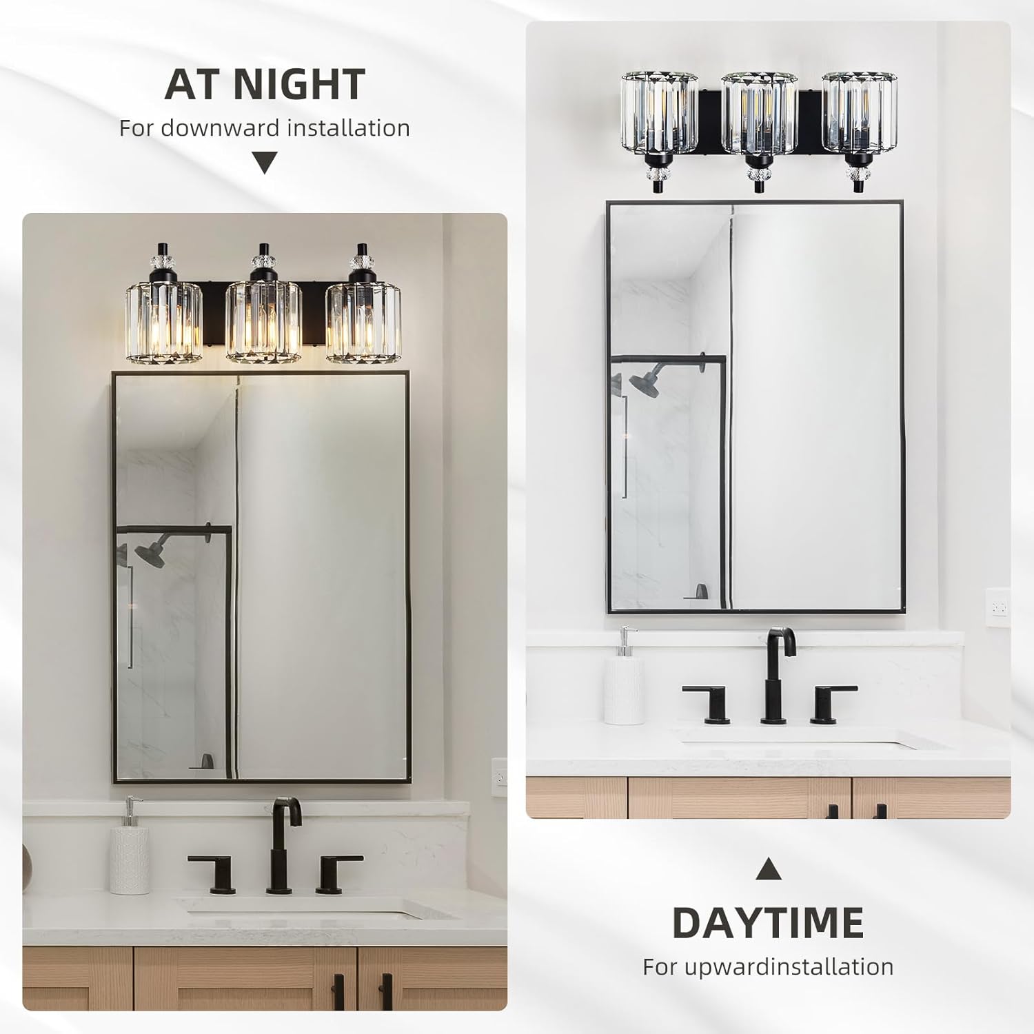 3-Light Black Bathroom Light Fixtures Over Mirror Modern Vanity Lights Crystal Wall Sconce Vintage Bathroom Lighting with Crystal Shade E26 Base for Bedroom, Living Room, Hallway