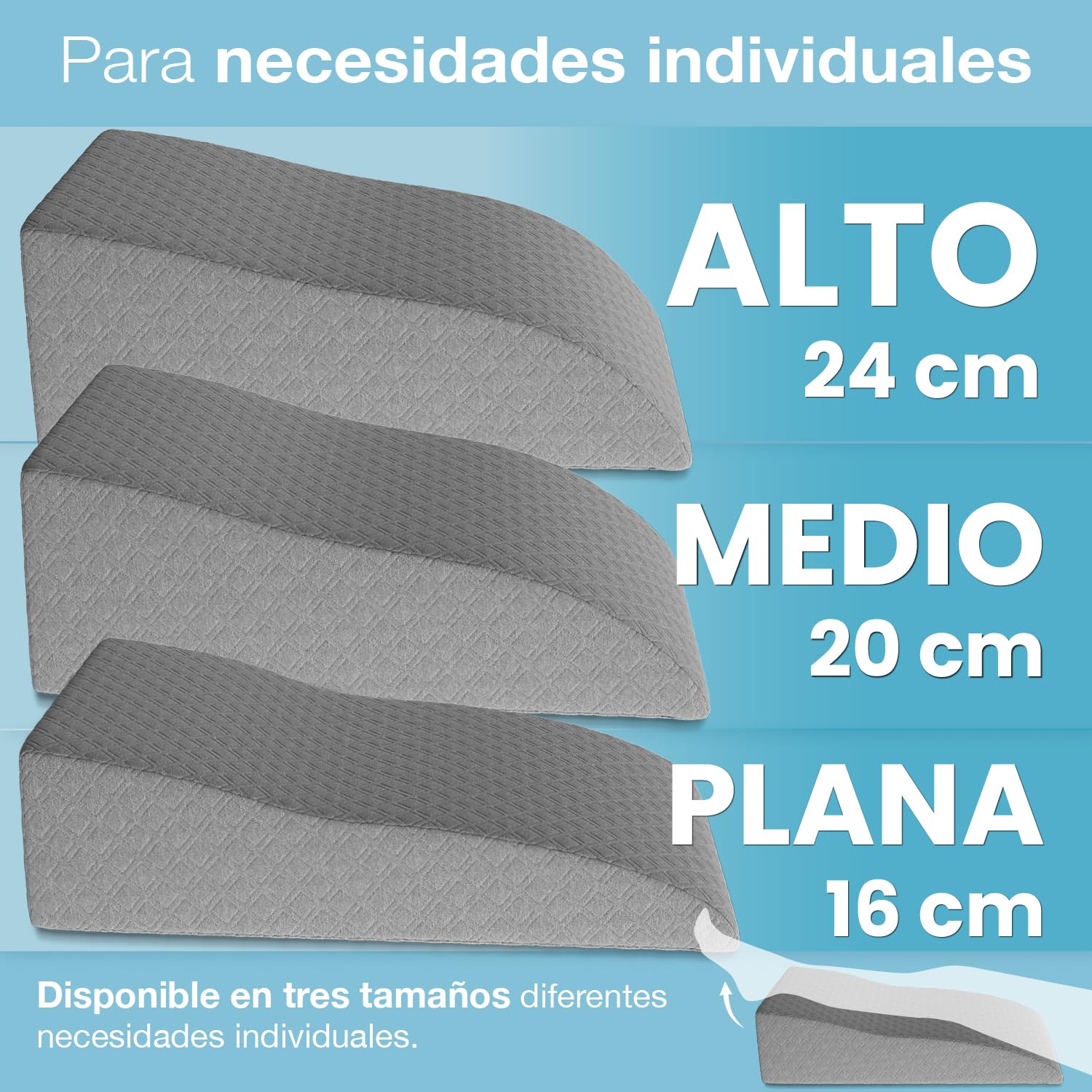 ELONEO Almohada de Piernas - Cojín de Soporte en Cuña para Cama con Espuma Viscoelástica, Elevador para Piernas Cansadas, Funda Jacquard Lavable, 68x40x16 cm, Gris