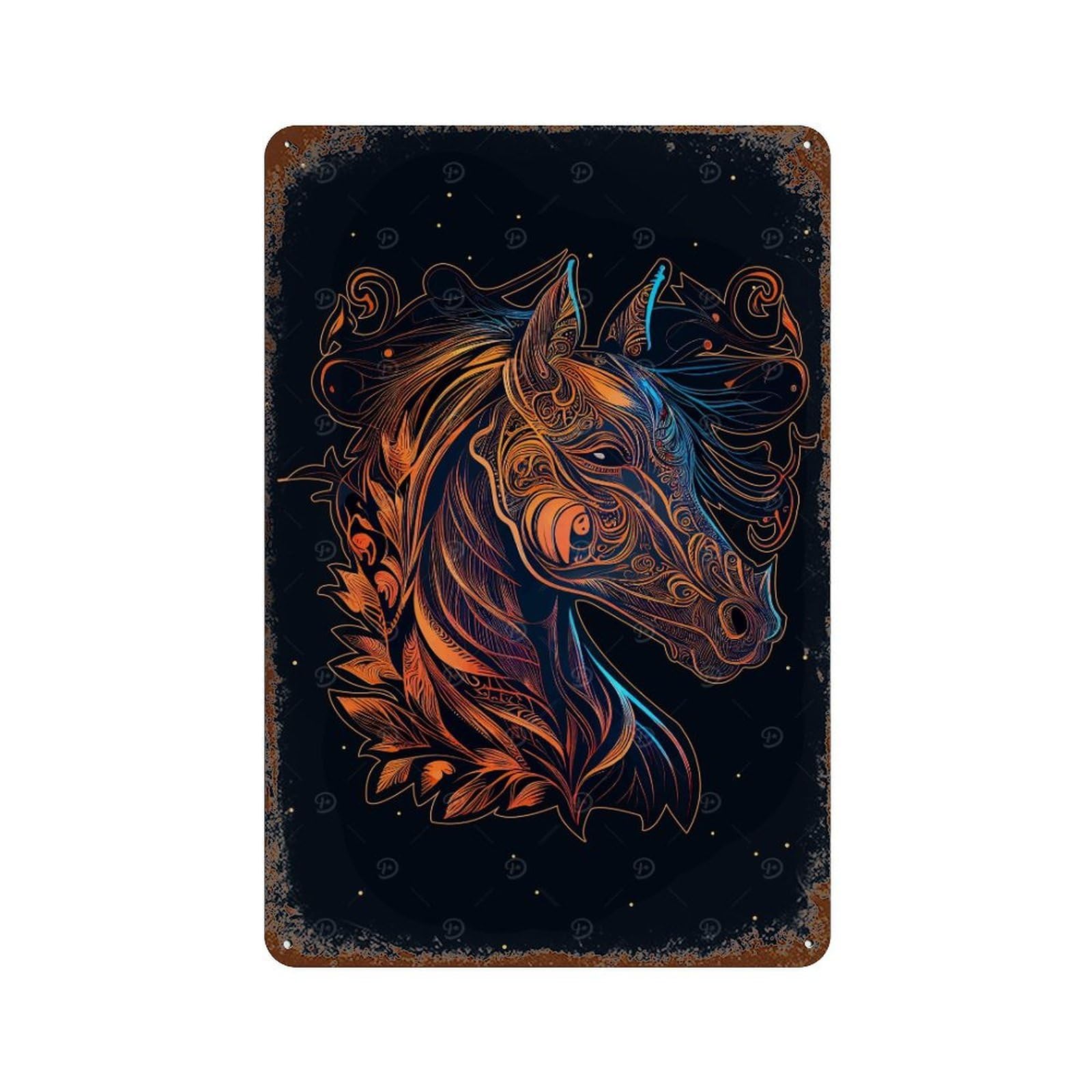 Rust Effect Chinese New Year Horse Aged Metal Wall Plaque 11.8"x7.9", Shabby Chic Decor for Basement, Hobby Room And Garage Decor