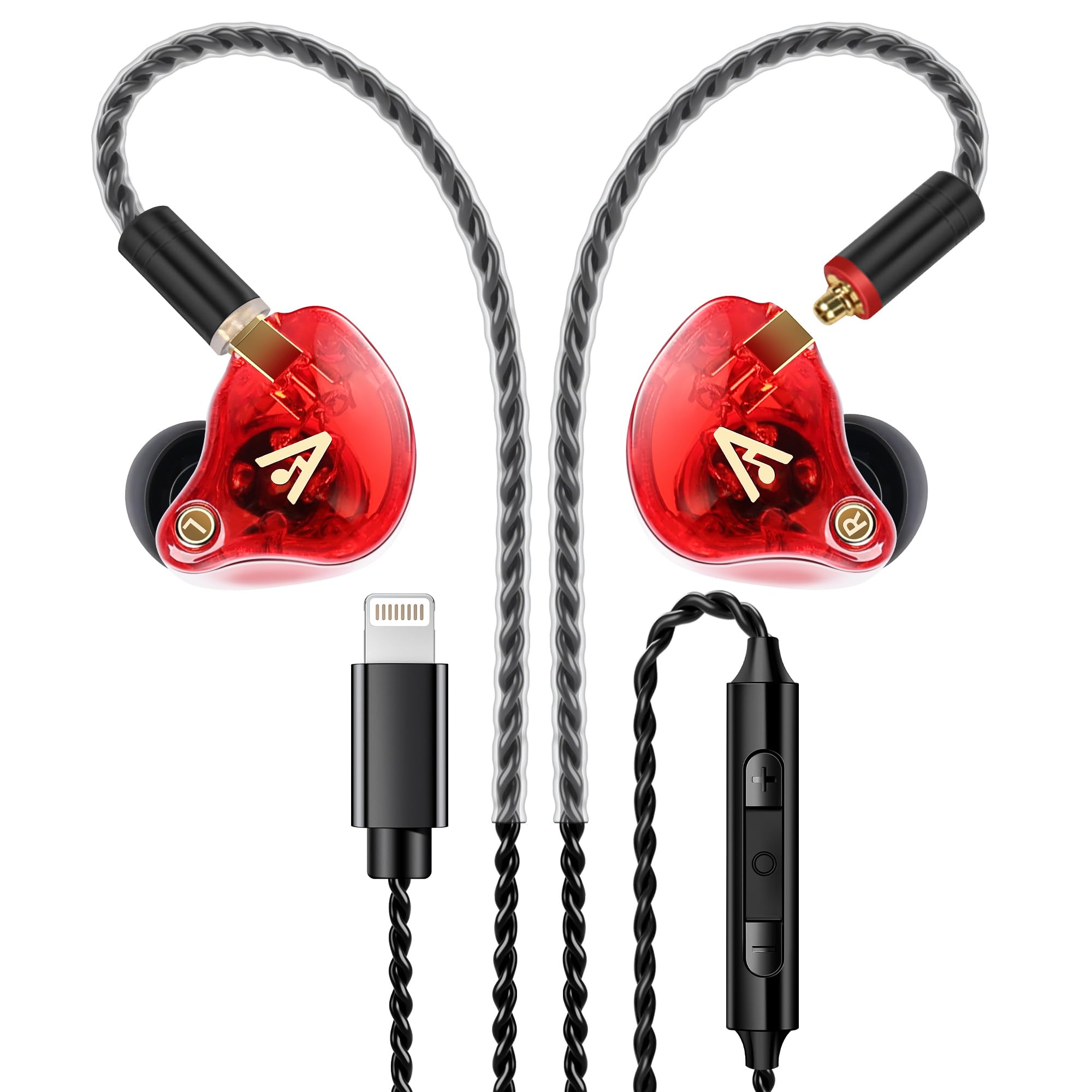 Audiovance Vibes 202ML Wired Earbuds - HiFi in-Ear Monitor Headphones, Noise Isolating Earphones with Mic, Clear Sound & Deep Bass, 1 Tesla Driver, Comfort & Secure Fit, MMCX to Lightning - Red