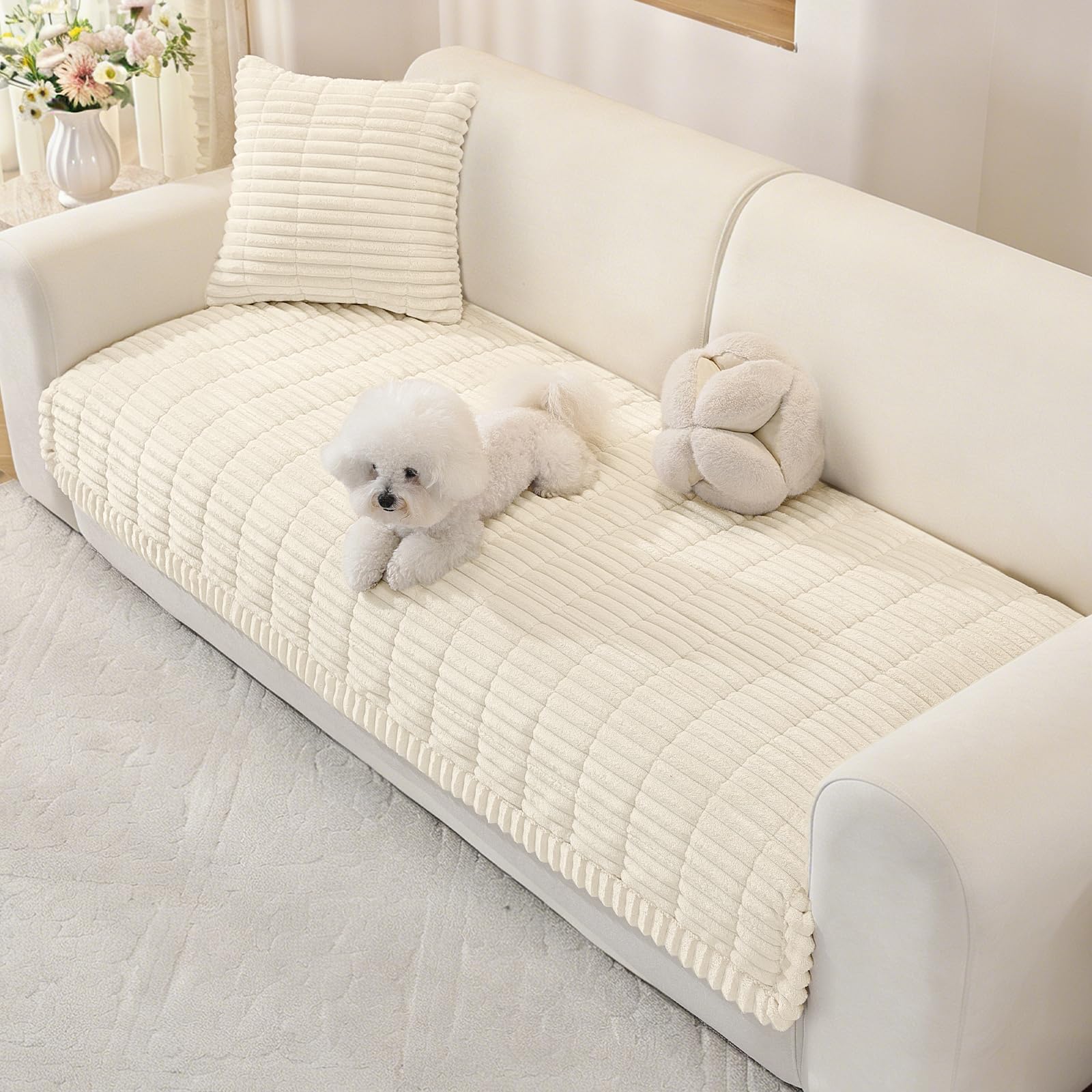 MAXIJIN Flannel Armrest Cover Washable, Soft Thick Sofa Cover 1 Seater, Armchair Covers for Dogs, Backrest Covers Furniture Slipcovers, Fuzzy Pads for Pets and Kids (Beige, 70×90cm)
