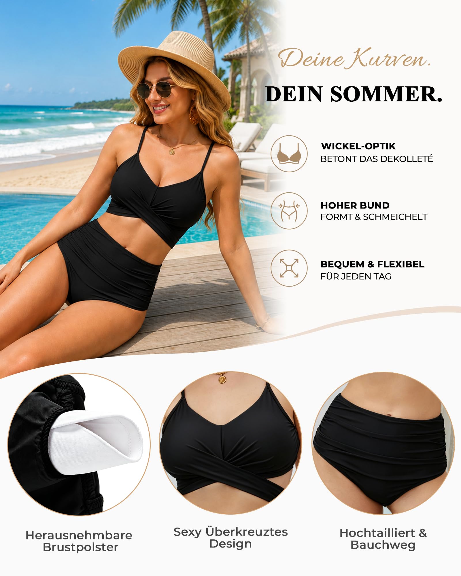Bikini pour femme - Maillot de bain 2 pièces sexy taille haute push-up - Col en V - Croix réglable - Taille S à XXL