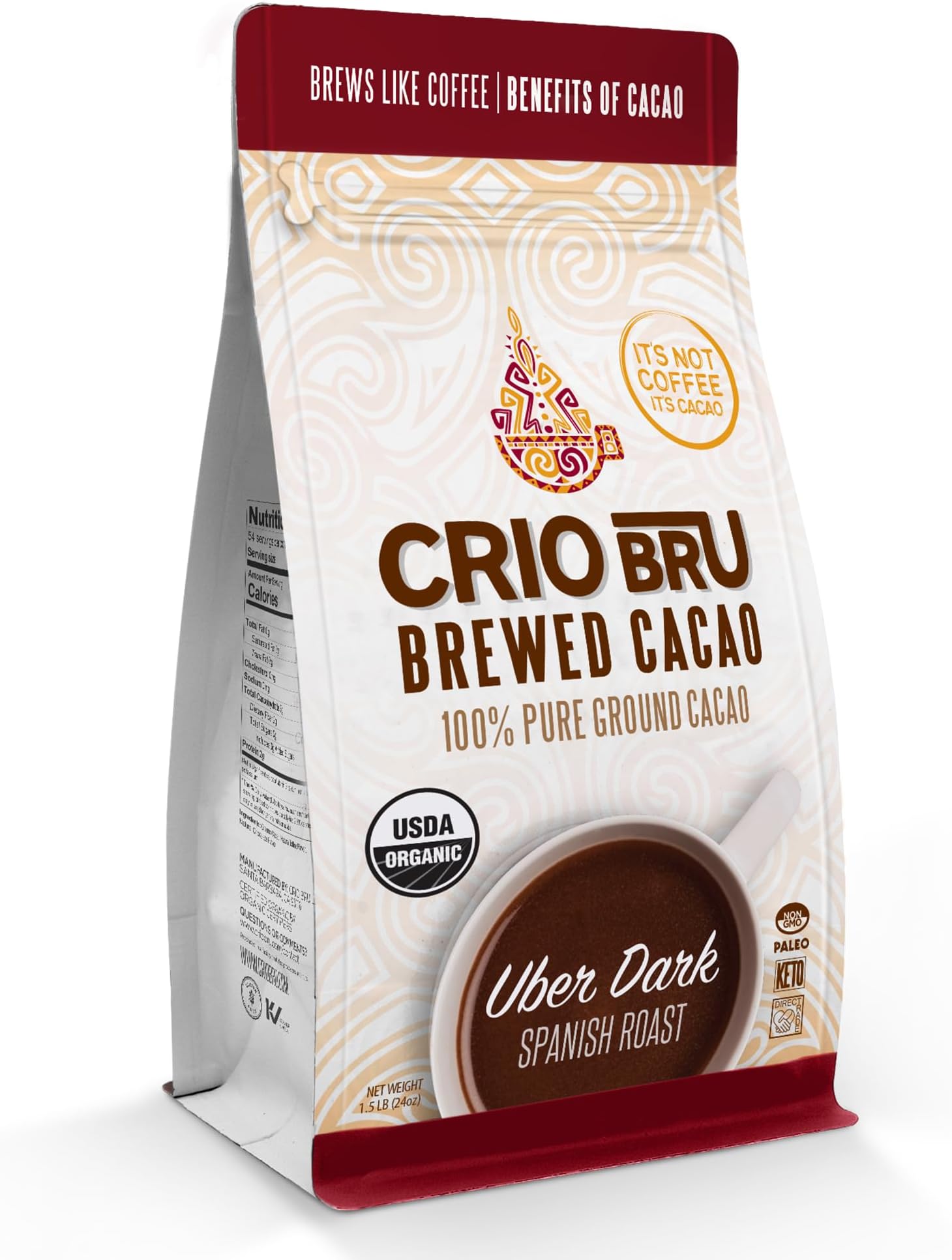 Crio Bru Brewed Cacao Uber Dark Roast – 100% Pure Ground Cacao Beans – Coffee Alternative – 99.99% Caffeine Free – Keto, Low Carb, Paleo, Non-GMO (24 Ounce (Pack of 1), Organic)