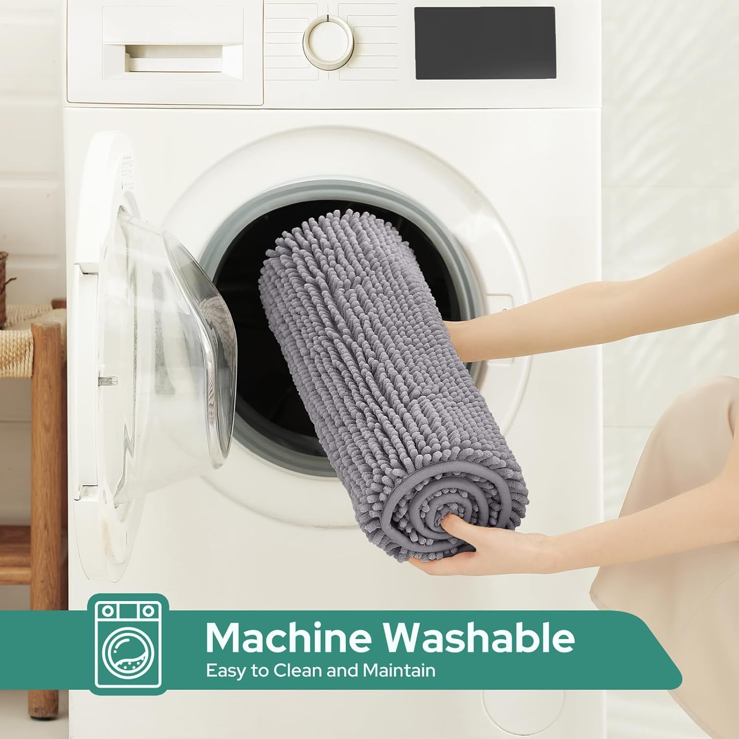 HOMEIDEAS Grey Bathroom Rugs Sets 3 Piece, Chenille Bath Rugs Soft Absorbent Non Slip Washable Bath Mats with Toilet Lid Cover, Perfect for Bathroom