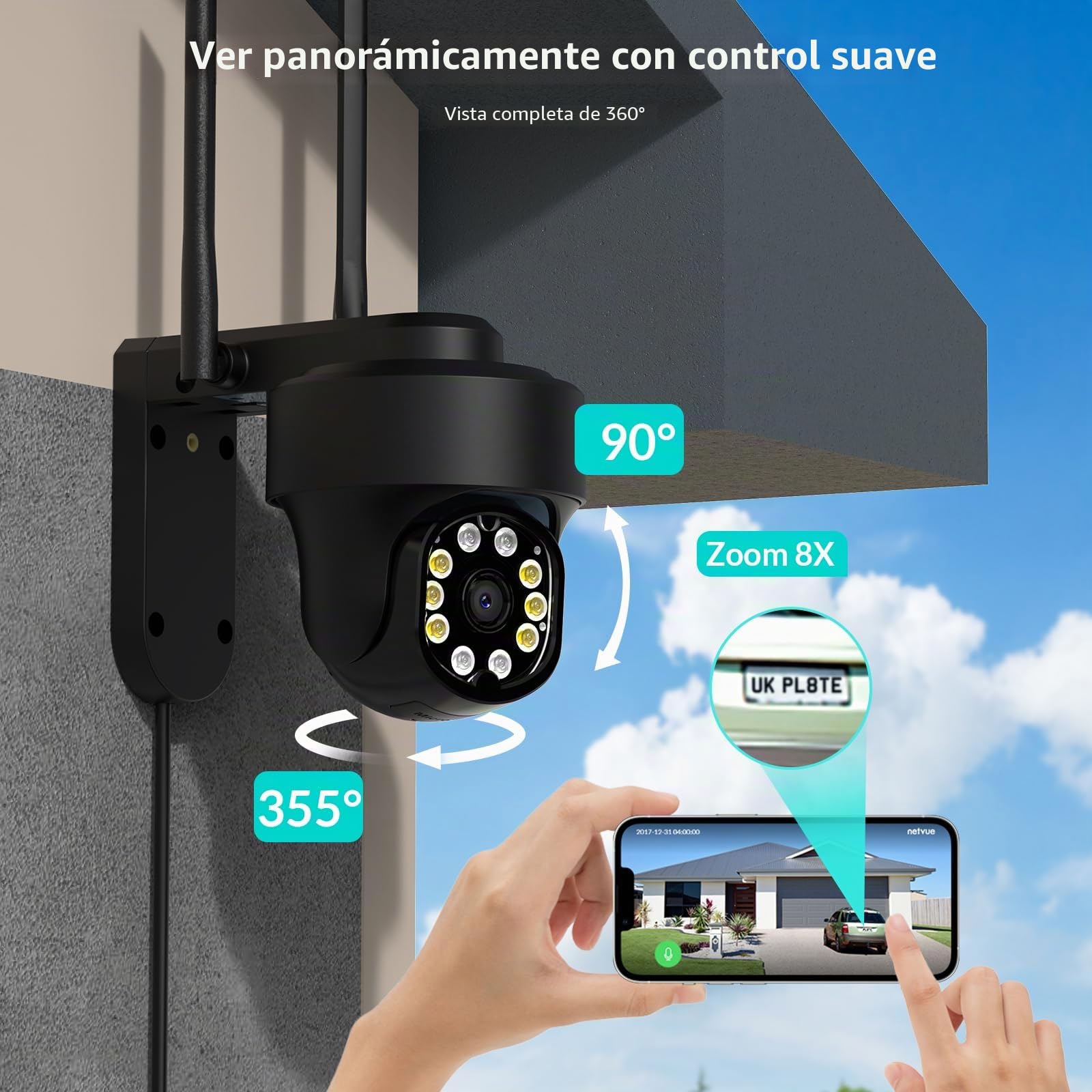 NETVUE Camara Vigilancia WiFi Exterior, Camaras Vigilancia Domicilio WiFi FHD Vista a 360° y Audio Bidireccional, Camara Vigilancia WiFi Interior y Detección de Movimiento
