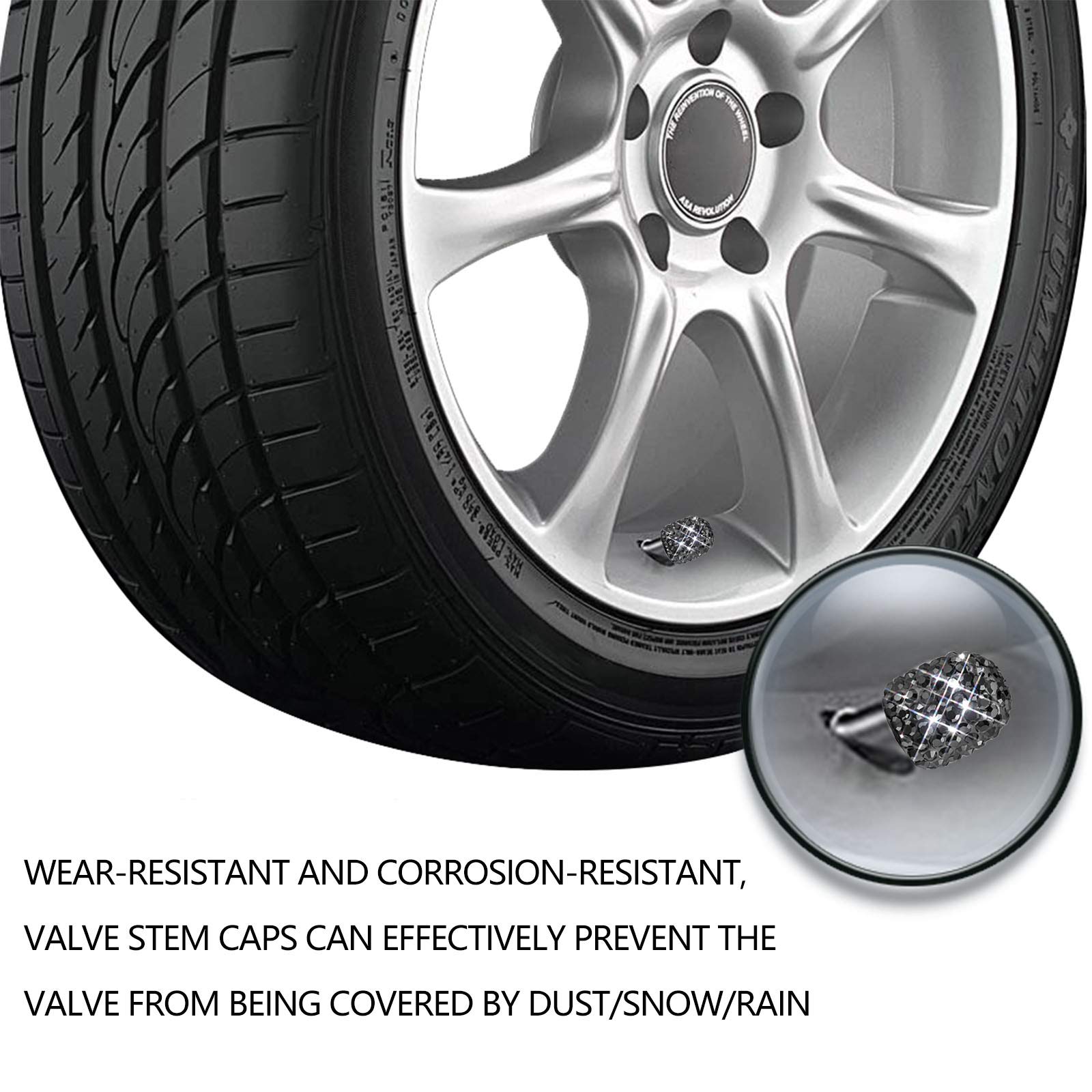 Sikawai Bling Valve Stem Caps Black Sparkling Handmade Crystal Rhinestone Universal Car Tire Valve Caps Chrome Attractive Dustproof — view 4