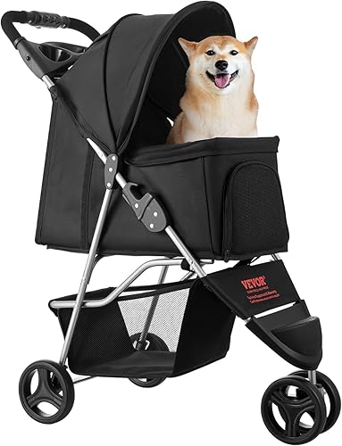 Miniatura 9 de VEVOR Cochecito para mascotas, capacidad de peso de 35 libras, carrito plegable para perros, carritos de 3 ruedas para gatos con ventanas de malla y