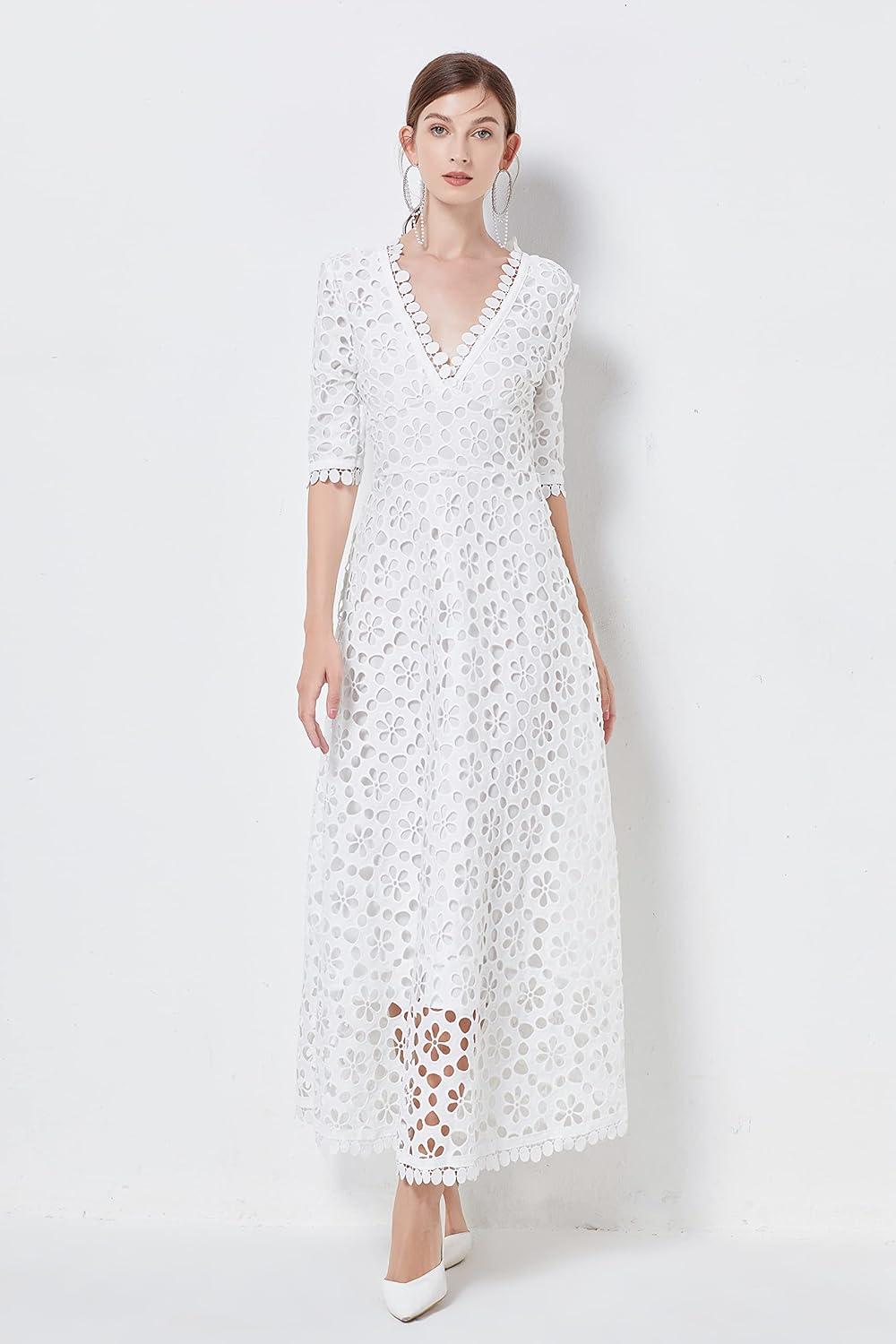 Ladies Runway Summer Lace Party Maxi Dress Elegant Women Deep V Neck White Hollow Out Slim Hook Flower Long Dress