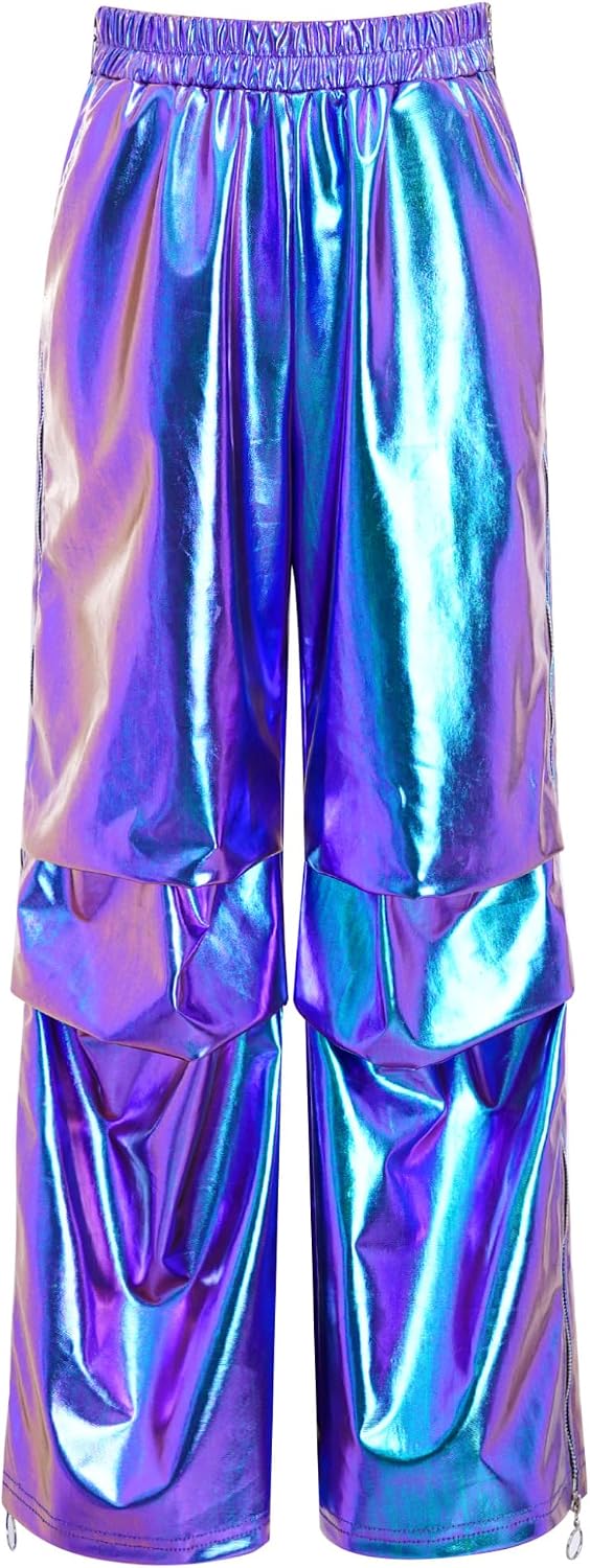 Kids Boys Shiny Metallic Jazz Dance Pants Tear Away Side Zipper Jogger Cargo Pants Ruched Trousers