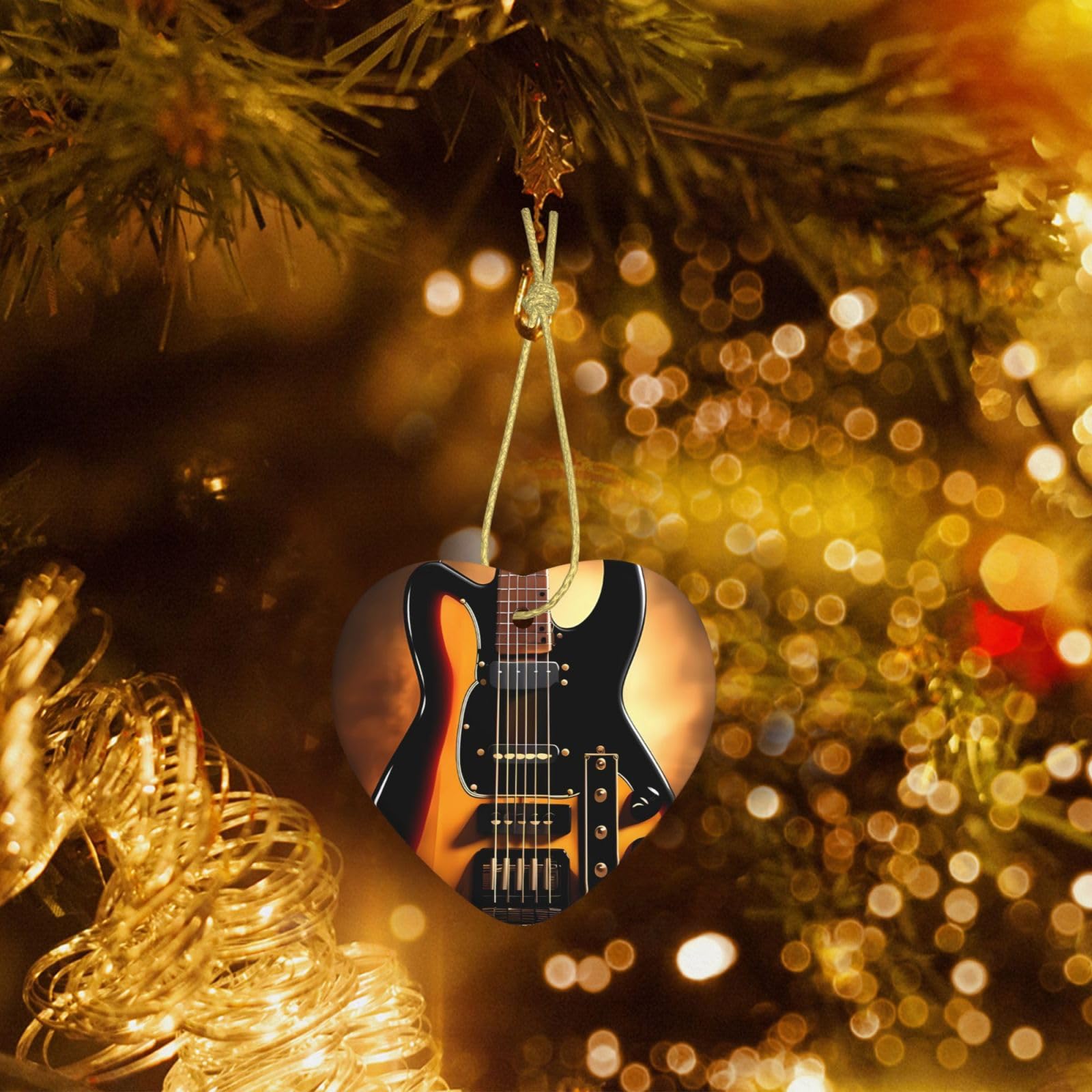Christmas Heart Shaped Ornaments 1 Pcs, Double-Side Ceramic Xmas Tree Hanging Ornament with Gold String Instrumental Guitar Personalized Porcelain 2025 Christmas Pendent