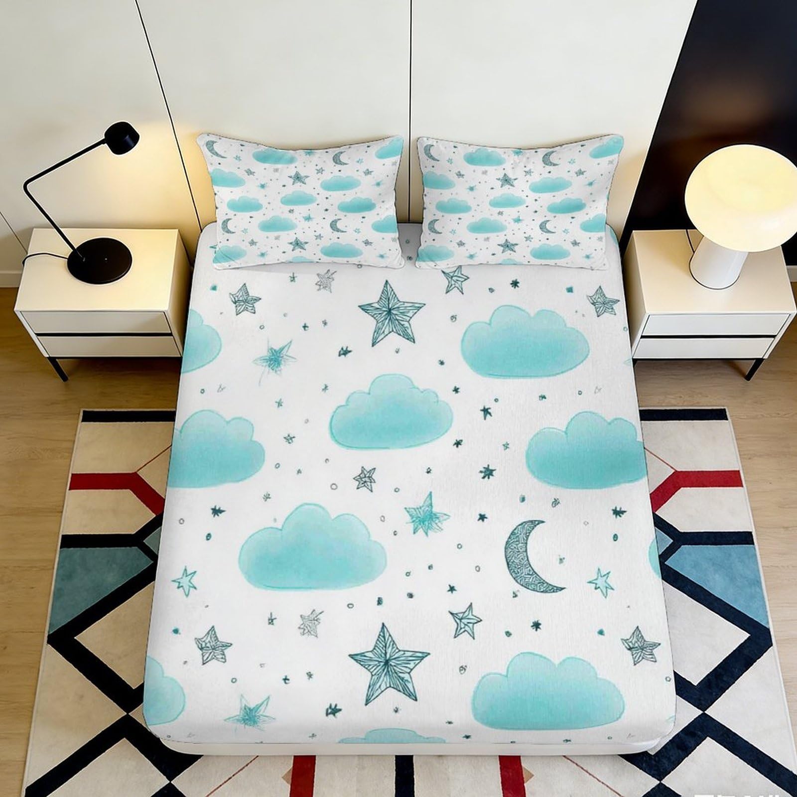 3D Printed Cloud and Star Fitted Sheet Microfiber Soft Breathable Moon and Star Mattress Cover for Bedroom Dormitory Guest Room Mattress Protection Decor 180x200x25cm