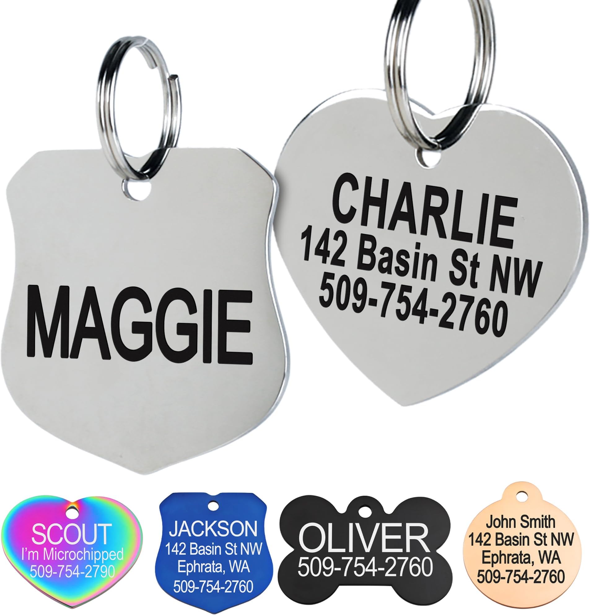 GoTags Stainless Steel Pet ID Tags, Personalized Dog Tags and Cat Tags, up to 8 Lines of Custom Text, Engraved on Both Sides, in Bone, Round, Heart, Bow Tie and More
