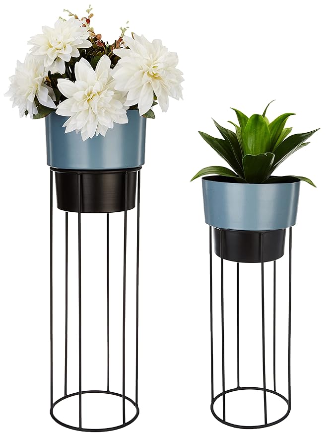 Solimo Metal Planters with Metal Stand - Grey & Black (Set of 2)