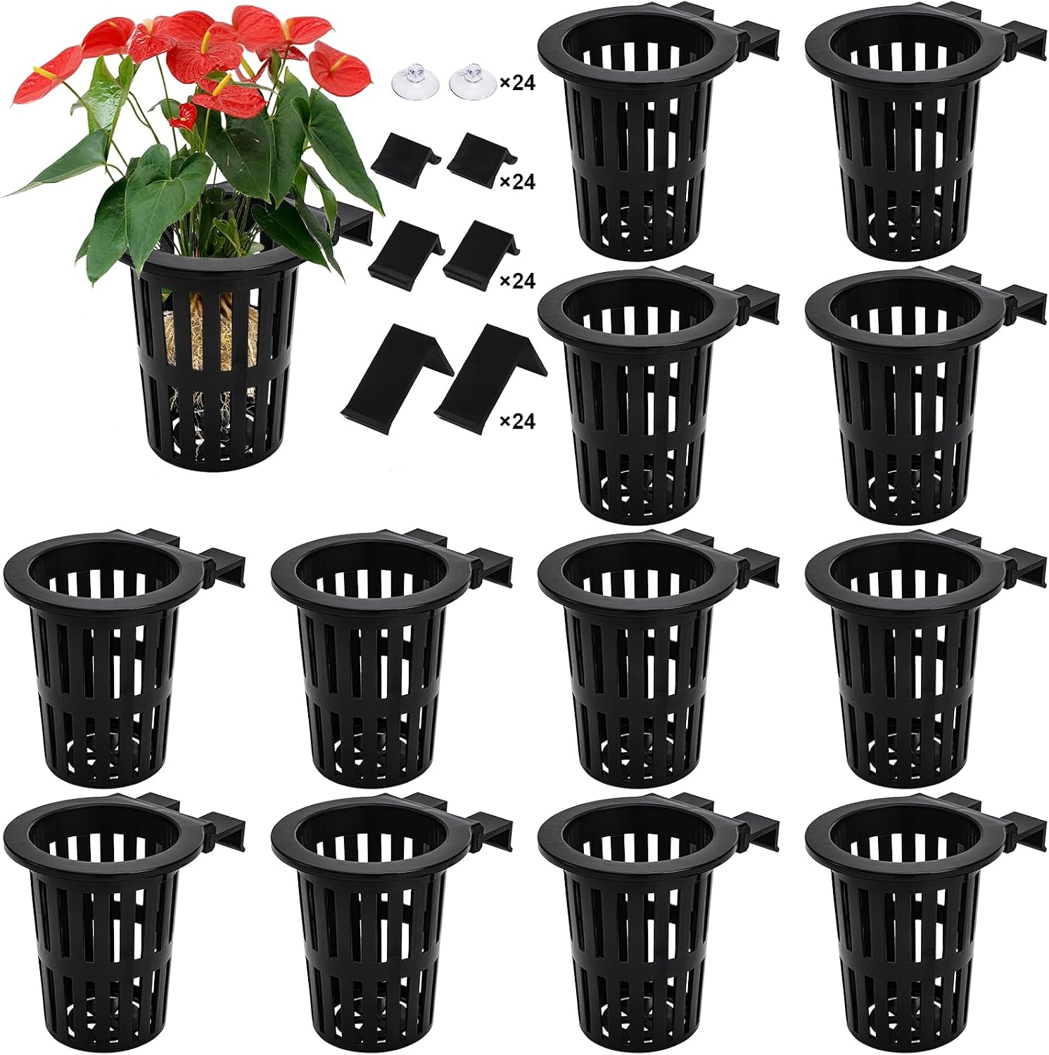 Lawei 12 Pack Aquarium Plant Holder with 3 Size Extension Hooks and Suction Cups, Large Hanging Aquarium Plant Holder, Aquatic Planter Cups Pots for Fish Tank Cultivation and Aquascape Decorations
