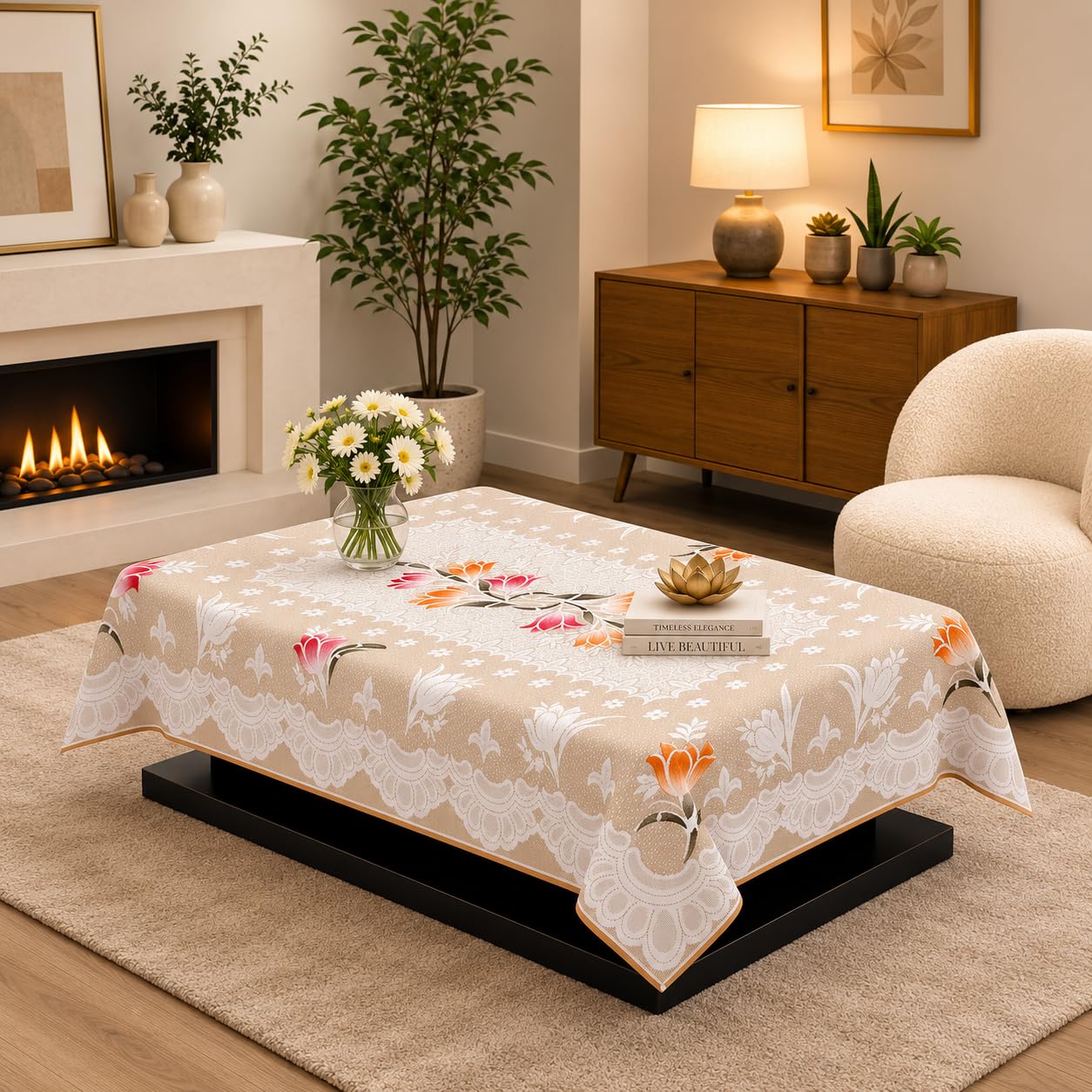 STITCHNEST Florenza Beige Cotton Net Table Cover 40x60 Inches