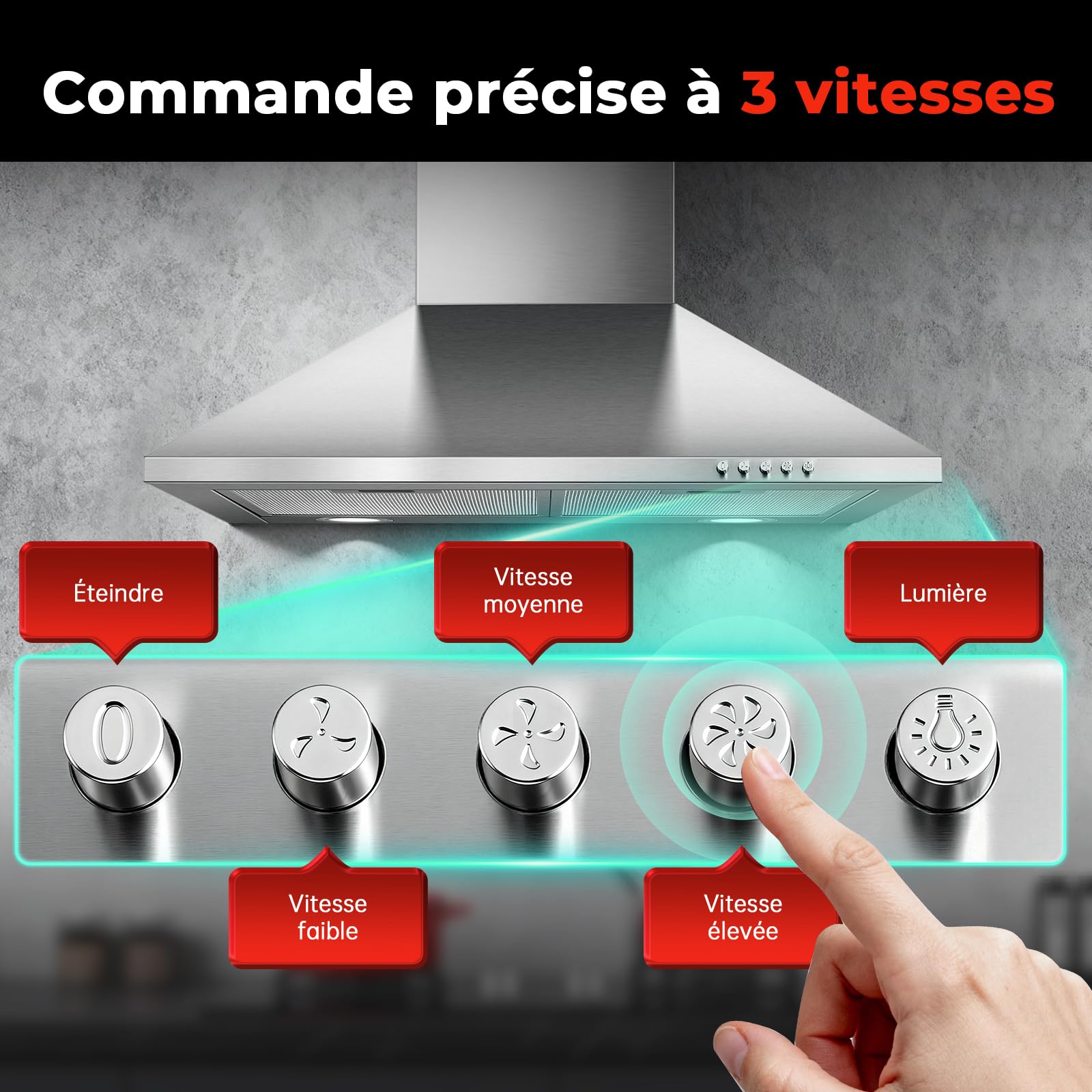 Hotte Aspirante 60cm 450m³/h Classe A+++ Inox 3 Vitesses Éclairage LED Filtre à Charbon Inclus