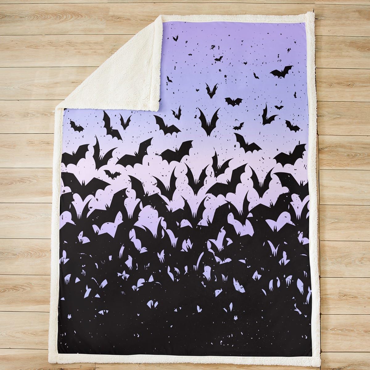 Happy Halloween Kids Throw Blanket,Black Bats Gothic Chic Bed Blanket for Boys Girls Adults,Blue Purple Ombre Romantic Fleece Blanket,Simple Style Fuzzy Blanket,Twin Size (60 x 80 Inches)