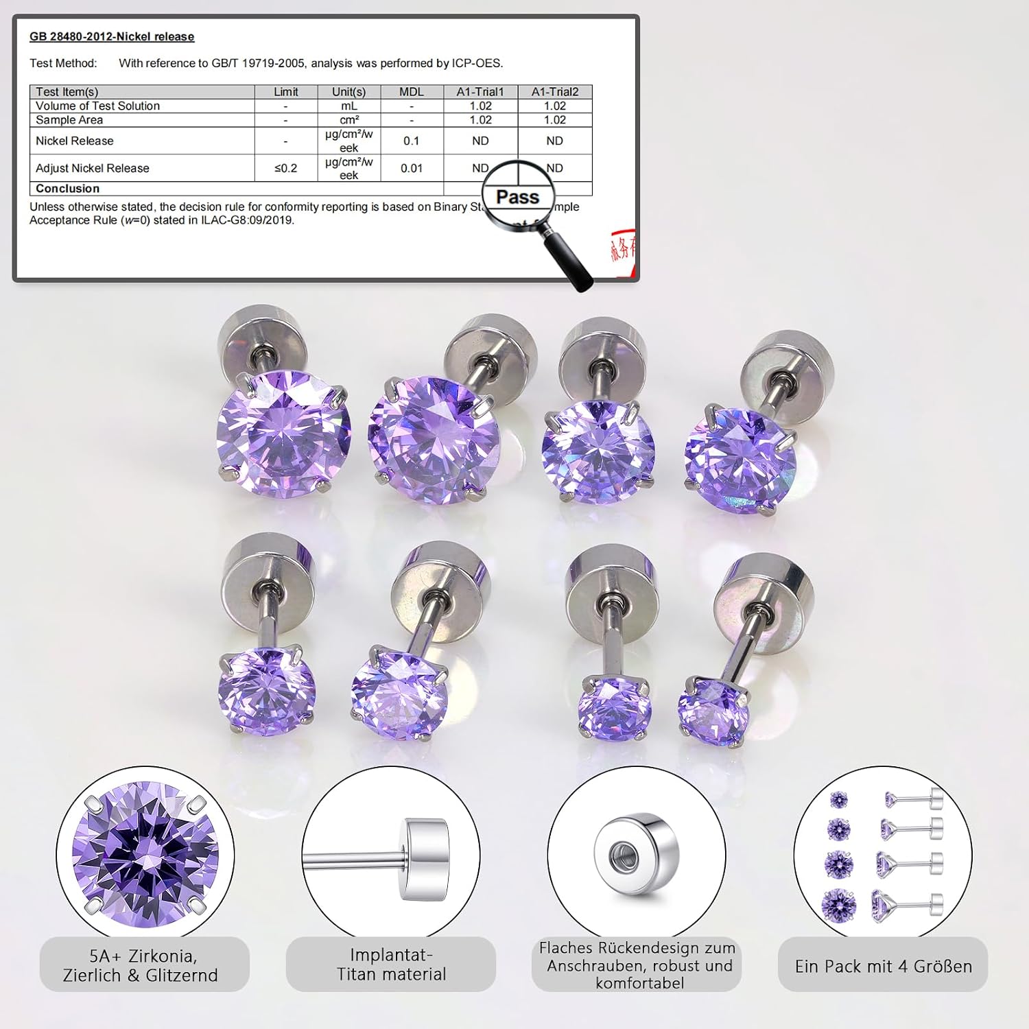 limerencia 4 Pairs G23 Hypoallergenic Flat Back Titanium Earrings Set for Women Men,20G Screw Back Cubic Zirconia Studs Cartilage Earrings for Sensitive Ears