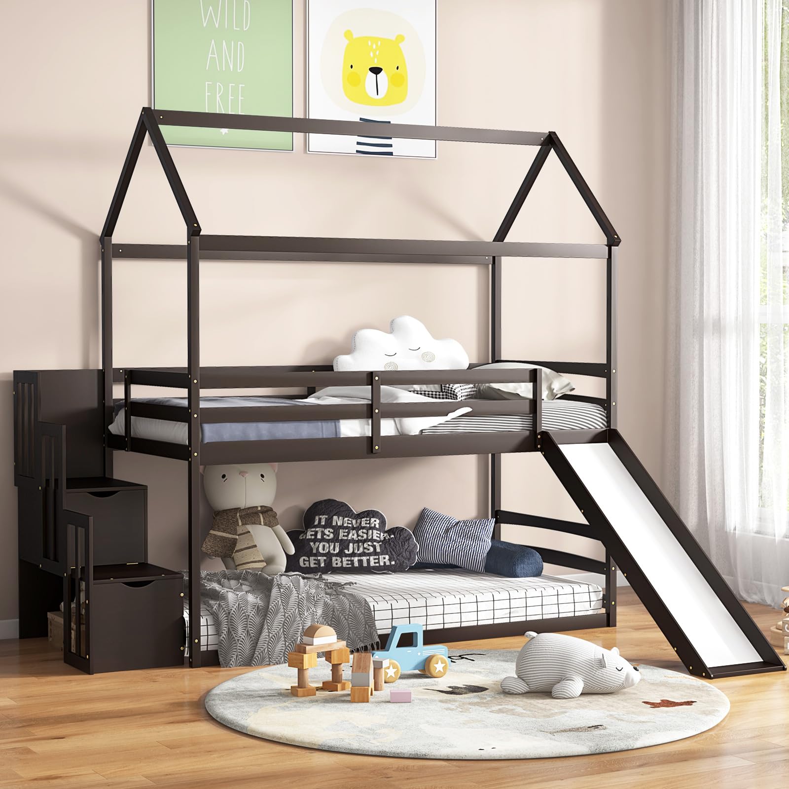 KOTEK Twin Over Twin House Bunk Bed with Slide and Stairs, Solid Wood ...