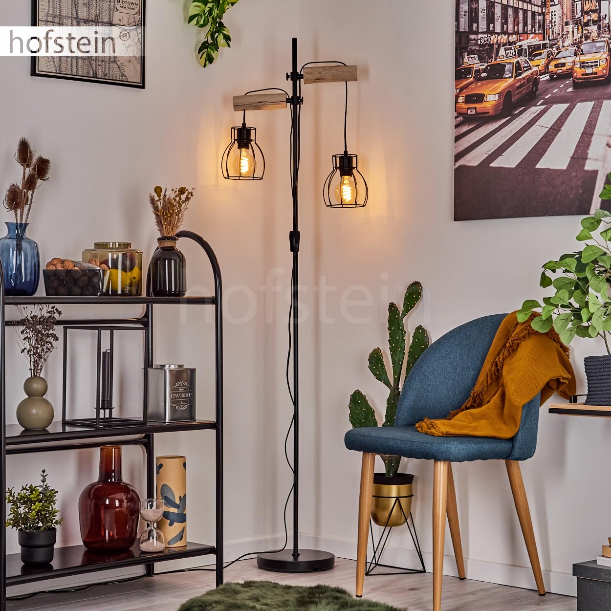 hofstein Lámpara de pie Gondo vintage de metal/madera en negro/negro, 2 luces, 2 x casquillo E27, lámpara de pie en diseño retro/vintage en óptica de celosía con interruptor on/off, sin bombilla(s)