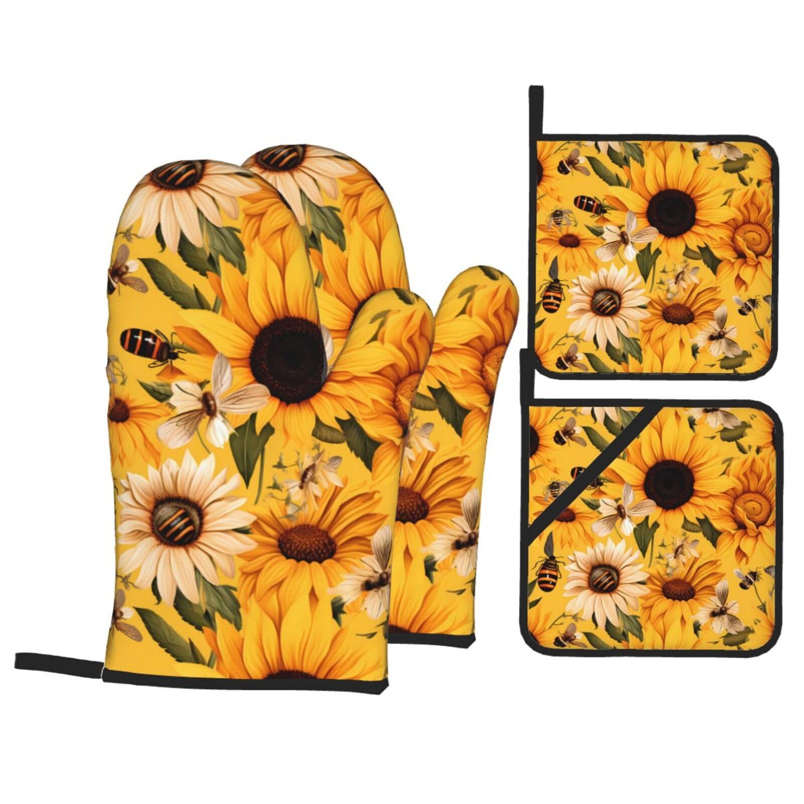 HJFCZH Sunflower Flowers Picture Kitchen Baking Set of 4 Thick Insulated Oven Mitt & Pot Holders, Anti-Scalding for Microwave, Oven, Outdoor BBQ