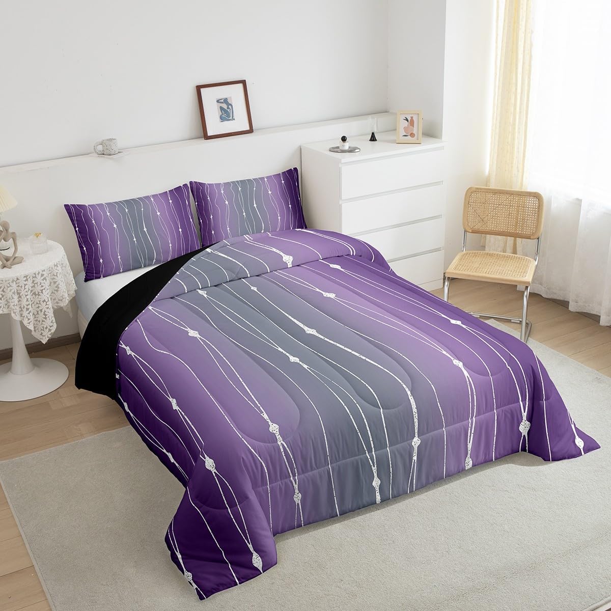 Erosebridal Gray and Purple Bedding Set Queen for Women Girls Watercolor Gradient Comforter Set, Geometric Abstract Quilt Comforter Wave Stripe Duvet Insert, Modern Aesthetic Bedding Comforters & Sets