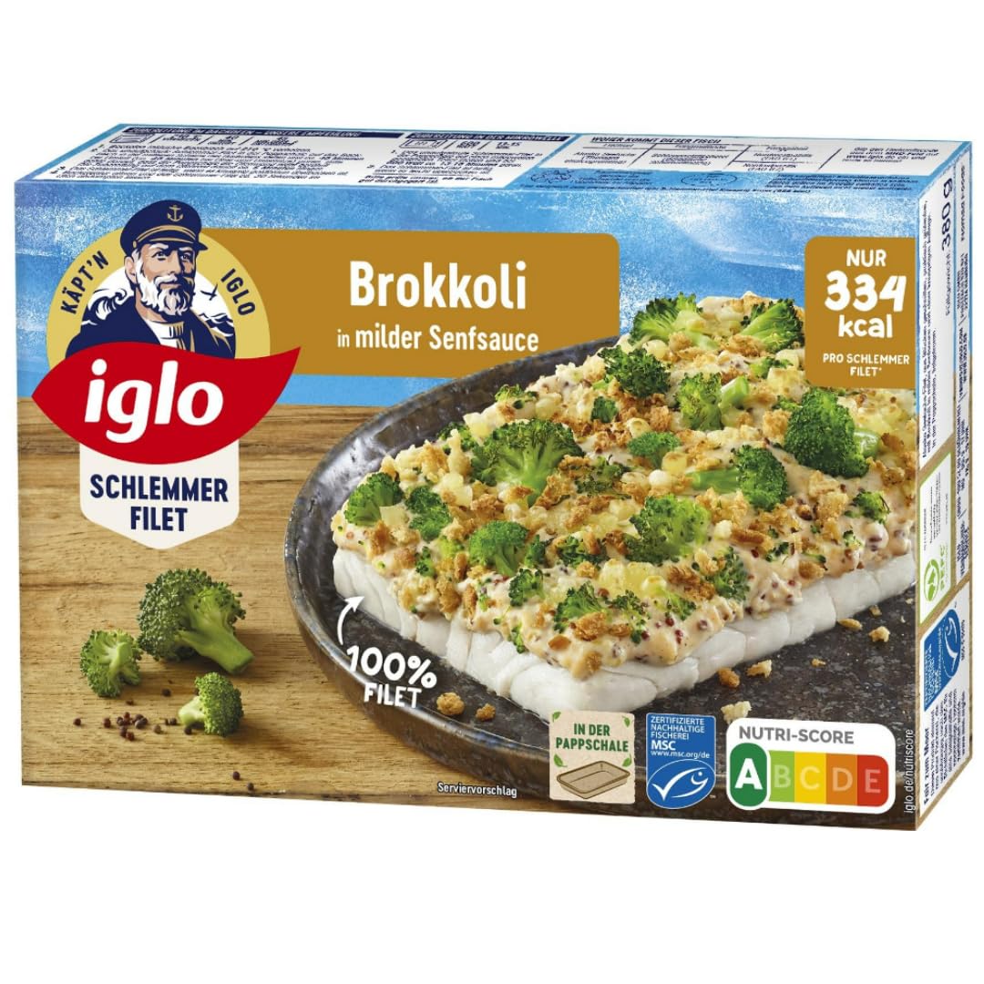Iglo Schlemmer Filet Brokkoli in milder Senfsauce Fisch Filet 380 Gramm, 4 Er