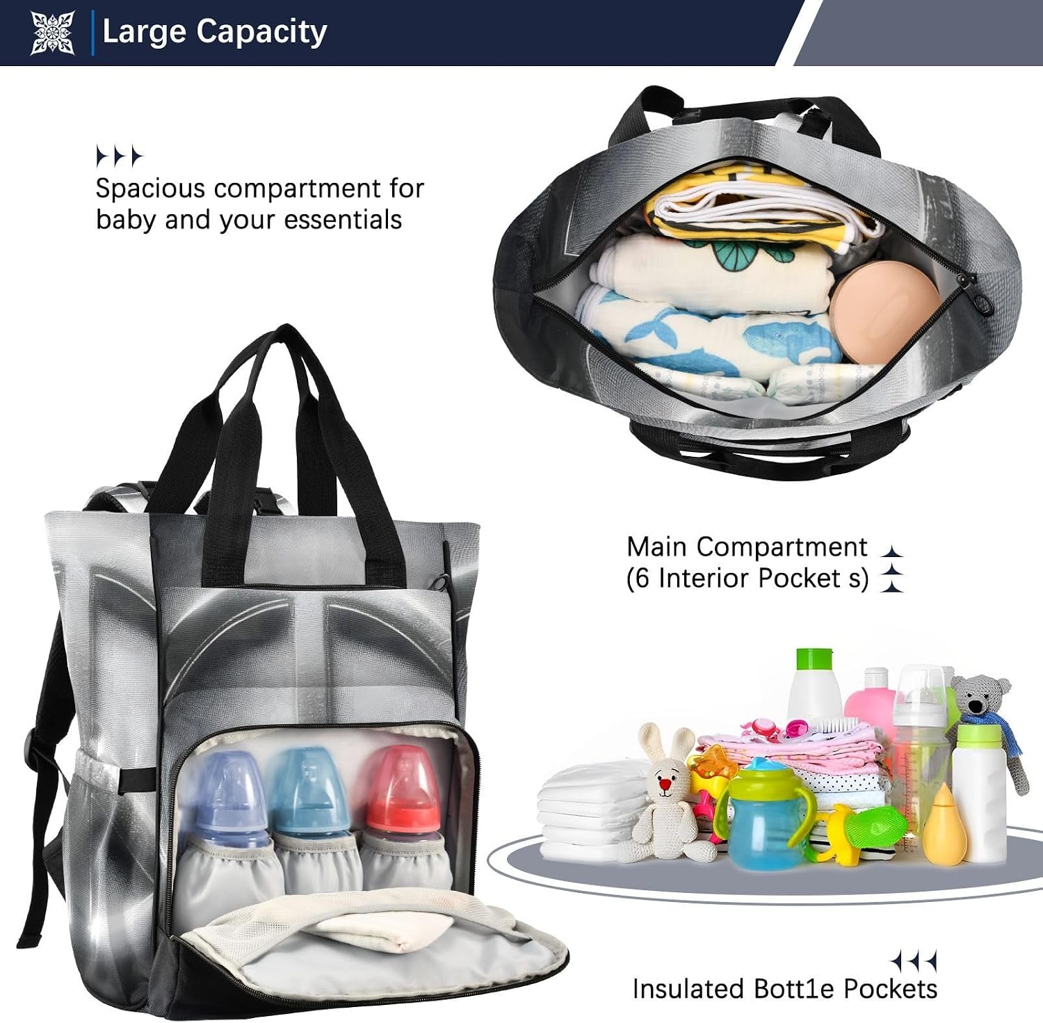 Diaper Backpack Black Peace Sign Pattern with Insulated Feeding Bottle Compartment, Mommy Nursing Bag Organizer for Travel Daycare with Stroller Straps