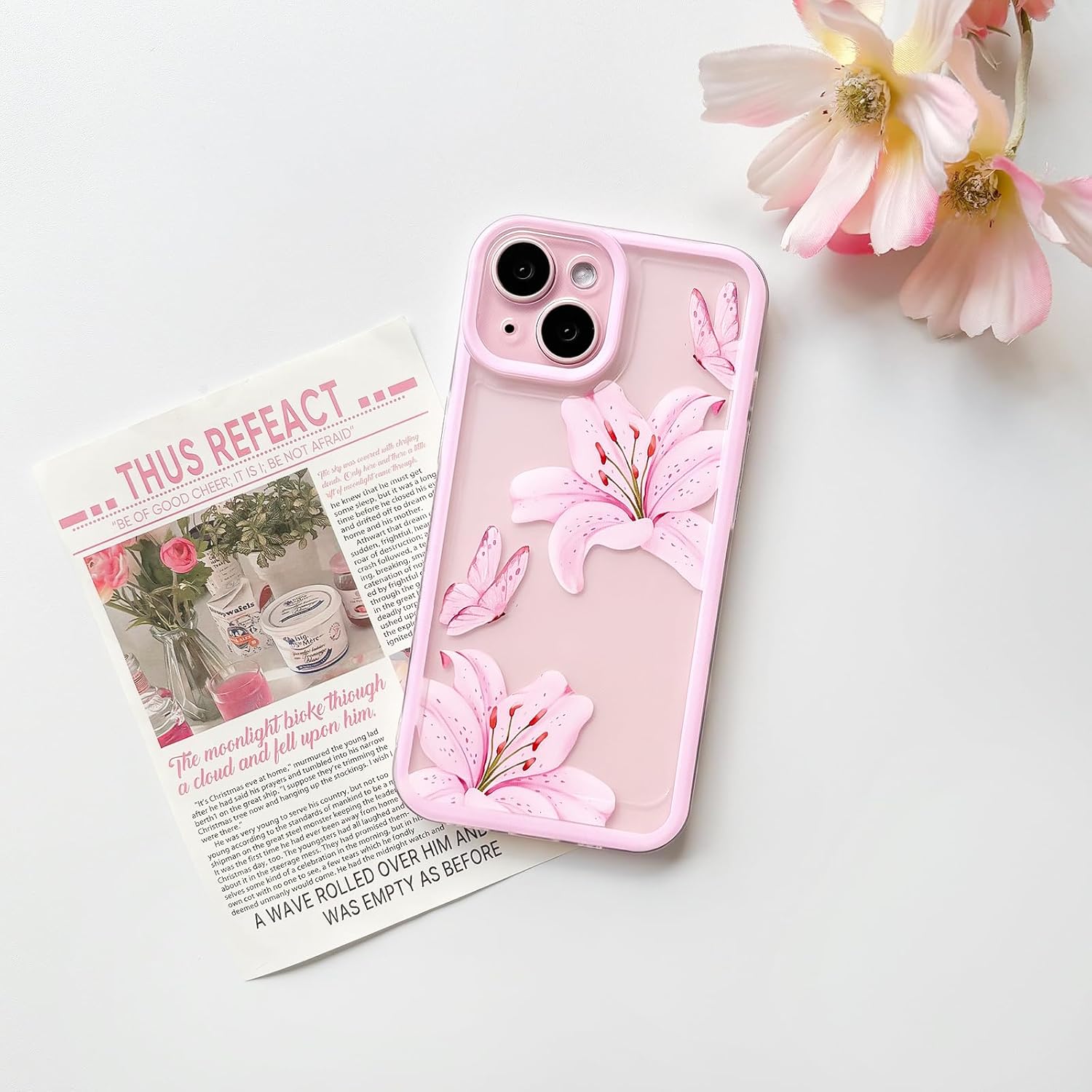 NITITOP Compatible with iPhone 14 Case Cute Durable Lily Flower Floral Butterfly Pattern for Women Girls Color Frame Slim Shockproof Protective Phone Cover - Pink - Image 4