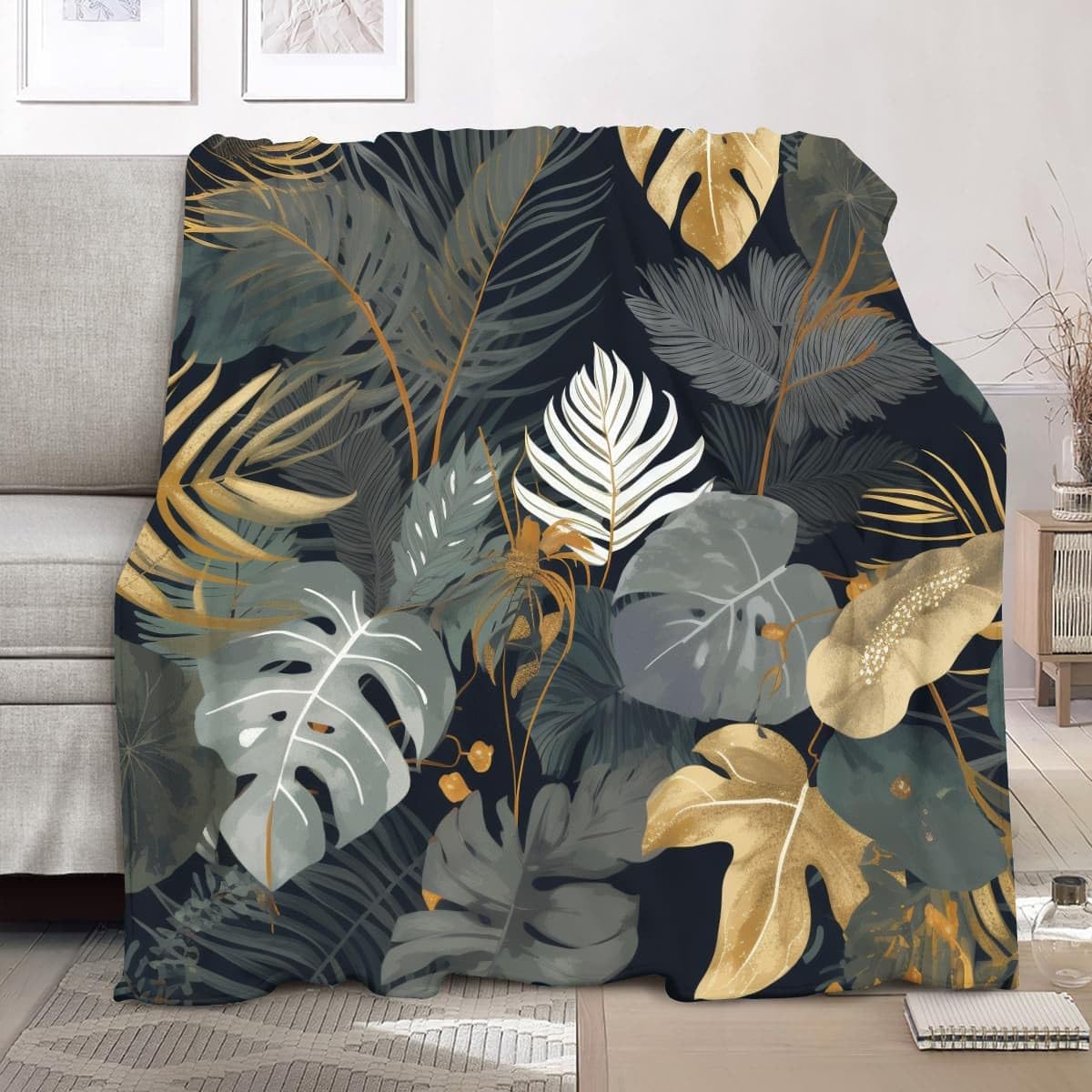 Genérico Cozy Plush Manta XXL 180x200cm Tema De Hoja De Planta Manta de Franela Ropa de Cama cálida Suave de Forro Polar Oscuro para Sofá Sala de Estar Oficina Coche Exterior Mantas