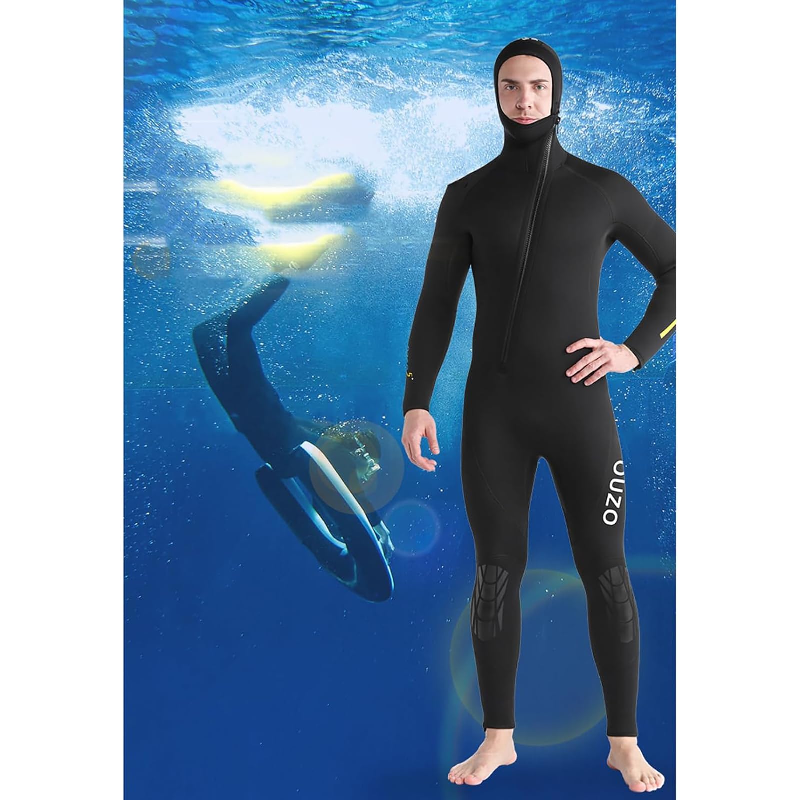 Combinaisons Humides 5 mm pour Hommes Femmes avec Capuche, Combinaison De Plongée Néoprène Ultra Extensible, Combinaison Intégrale avec Fermeture Éclair Avant, Tenue Bain Chaude,Men,XL