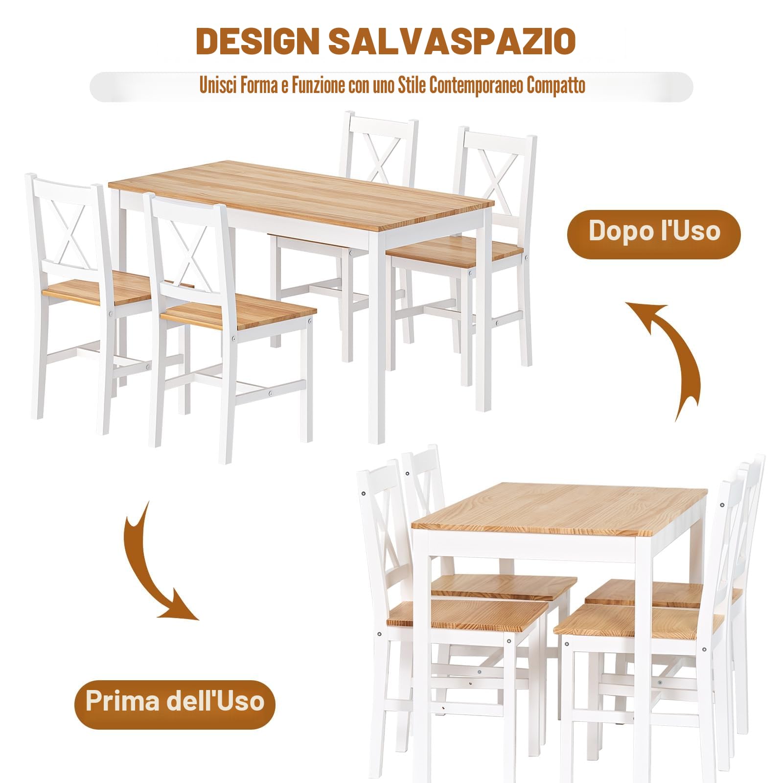 sogesfurniture Set da pranzo da 5 pezzi con tavolo da pranzo 108 x 65 x 73 cm e 4 sedie, tavolo rettangolare da cucina per soggiorno, sala da pranzo, bianco e teak, 10QDLC