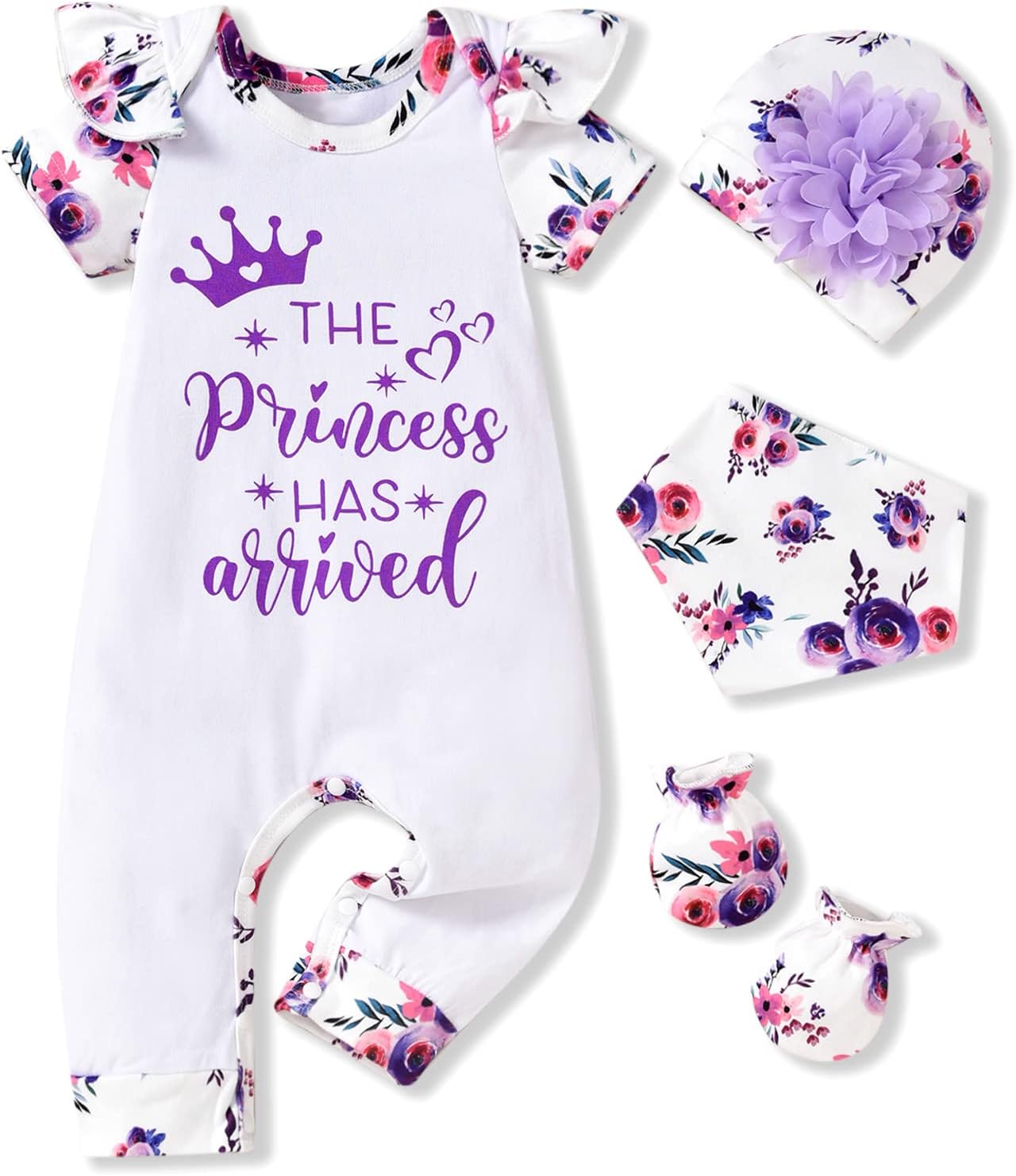 HINTINA Preemie Newborn Baby Girl Letter Print Romper Jumpsuit Gloves Headband Clothes Set