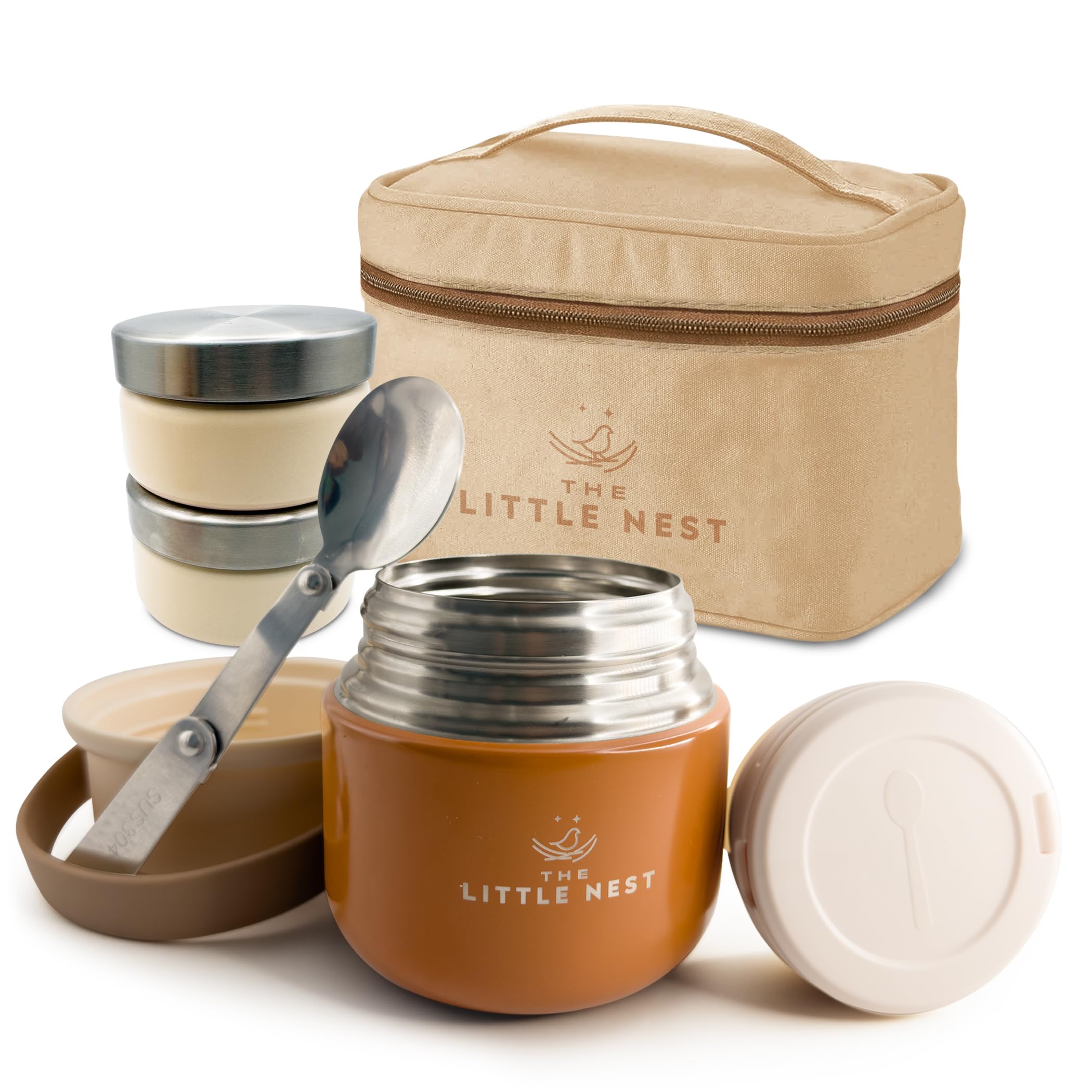 THE LITTLE NEST Baby Food Flask – Insulated Thermal Food Jar 300ml, Keeps Food Warm for Hours, Leakproof Stainless Steel, Includes Spoon & Containers – Ideal for Weaning & Travel