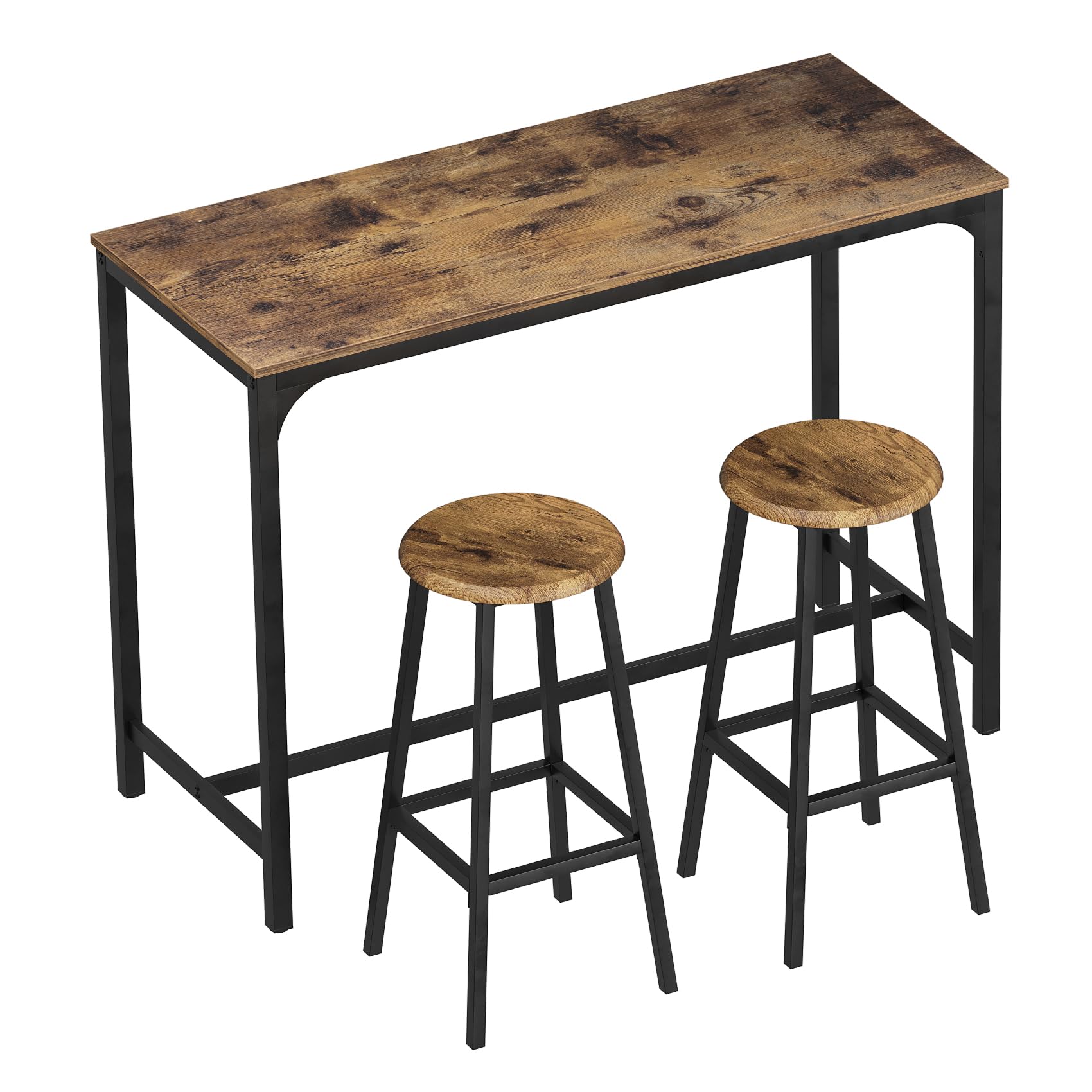 Photo 1 of Algherohein Bar Table and Chairs, 47.2" Pub Table and Chairs Sef of 2, Breakfast Table Set, Bar Height Table for Kitchen Living Room 3-Piece Small Dining Table Set, Metal Frame Rustic Brown