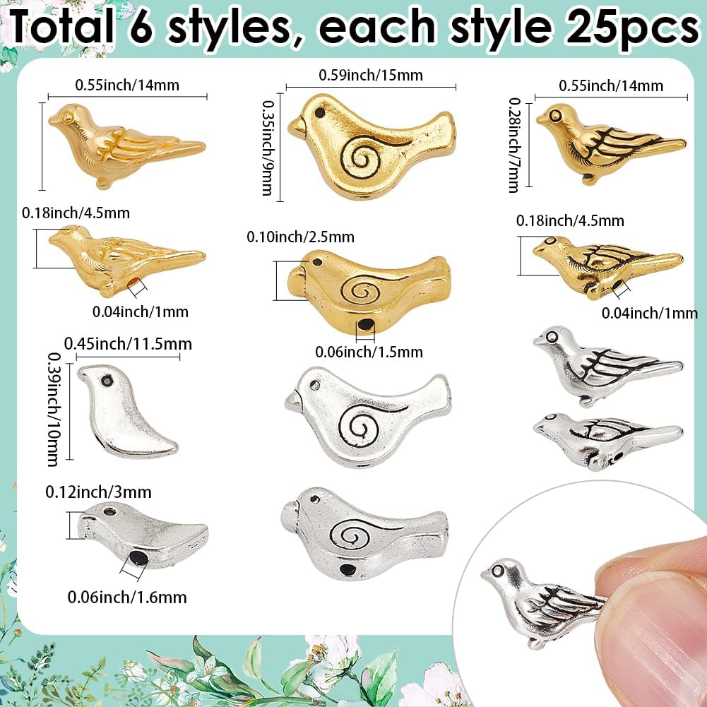 SUNNYCLUE 1 Box 150Pcs 6 Styles Bird Shaped Beads Small Metal Bird Beads Bulk Antique Gold Silver Tibetan Alloy Animal Loose Spacers for Jewelry Making DIY Crafts Supplies Bracelet Necklace Earrings - Image 2