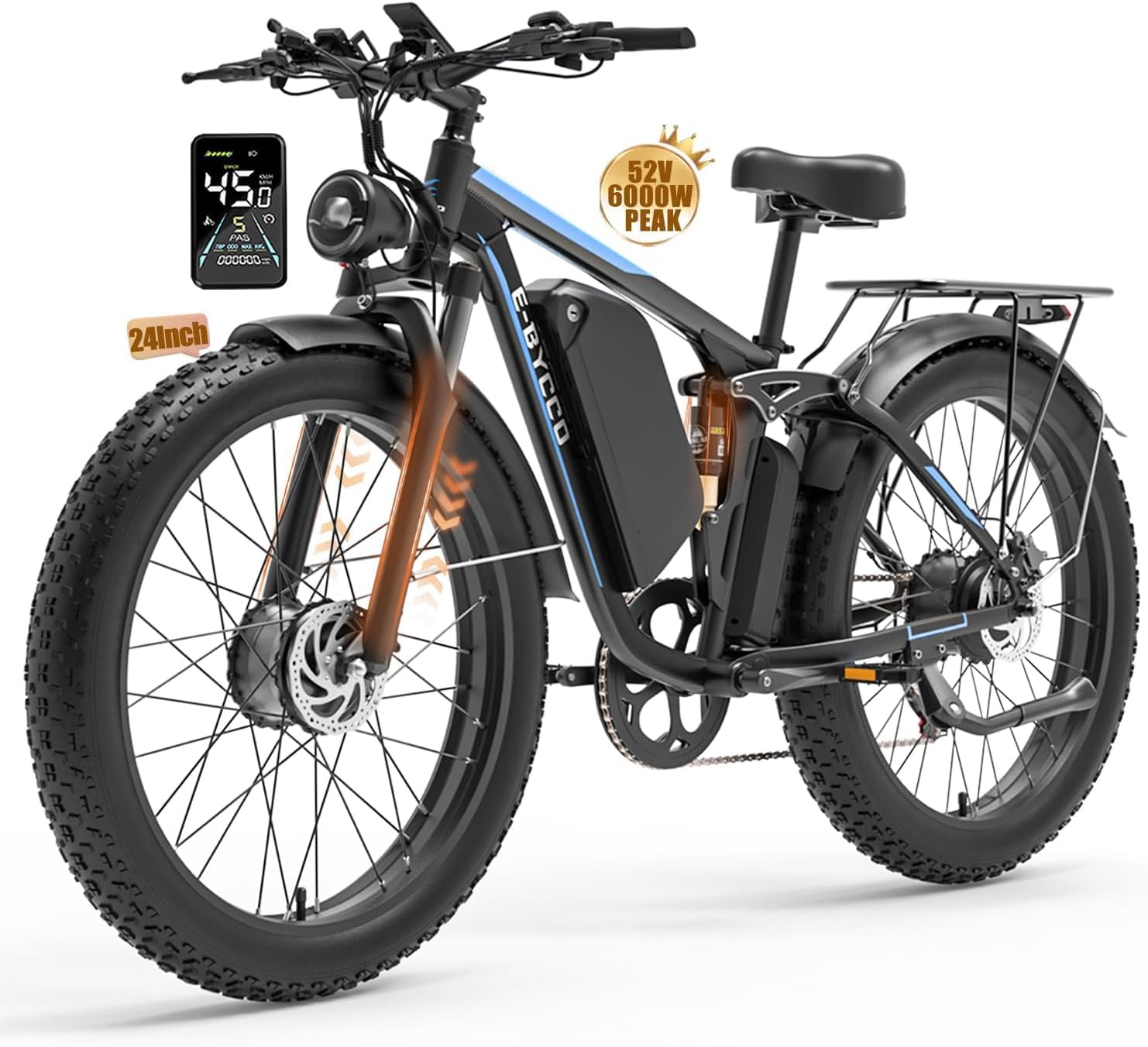 E·Bycco 6000W Peak Dual Motor Electric Bike for Adults, 52V 32AH Battery, Max 45MPH & 100Miles, Full Suspension, Hydraulic Brake, Fat Tire E-Bikes for Men Women